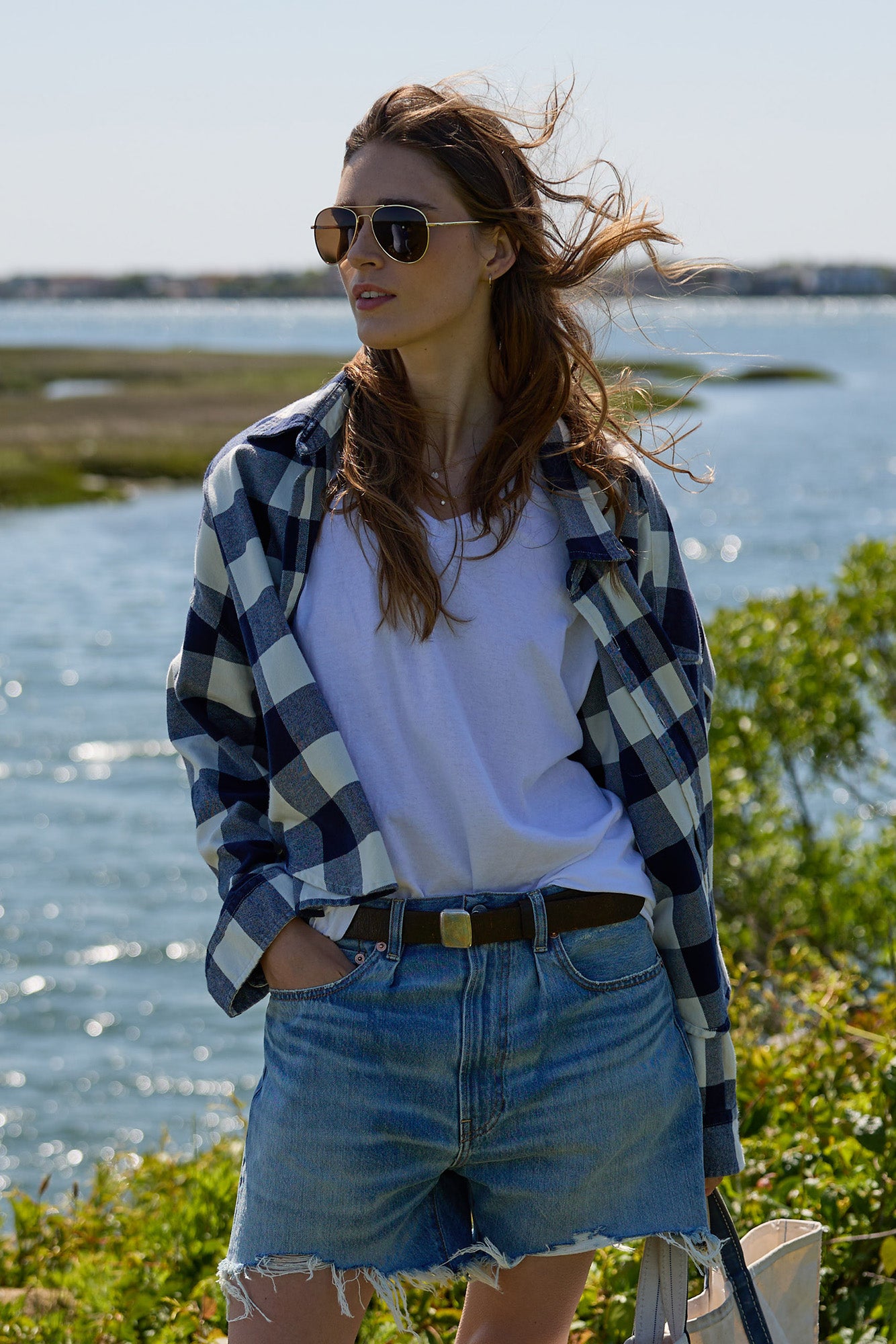 Cropped Shirt - Navy/Ecru Buffalo