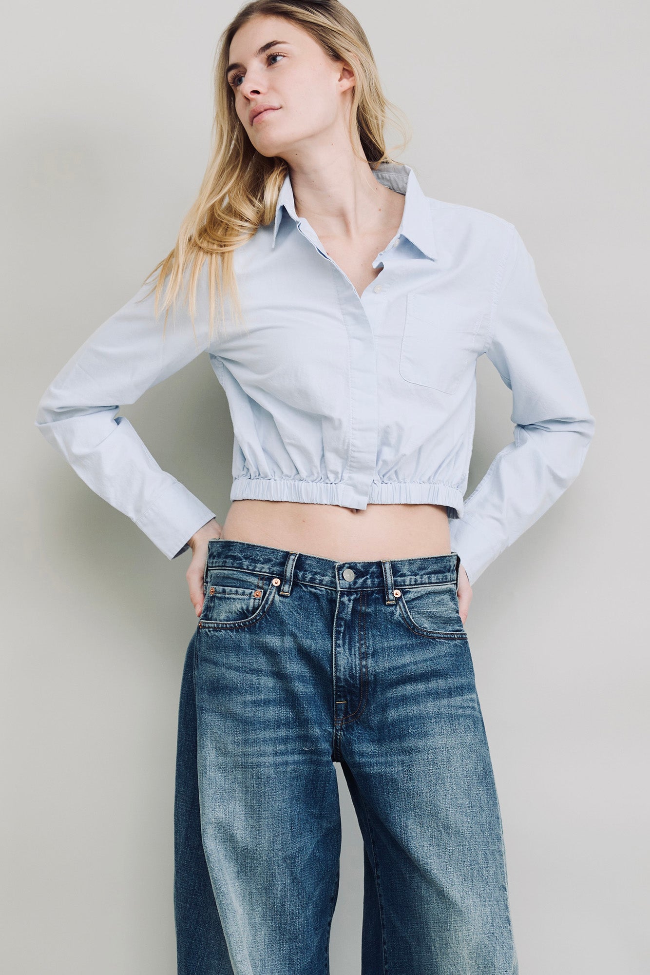 Cropped Elastic Waist Shirt - Light Blue Oxford