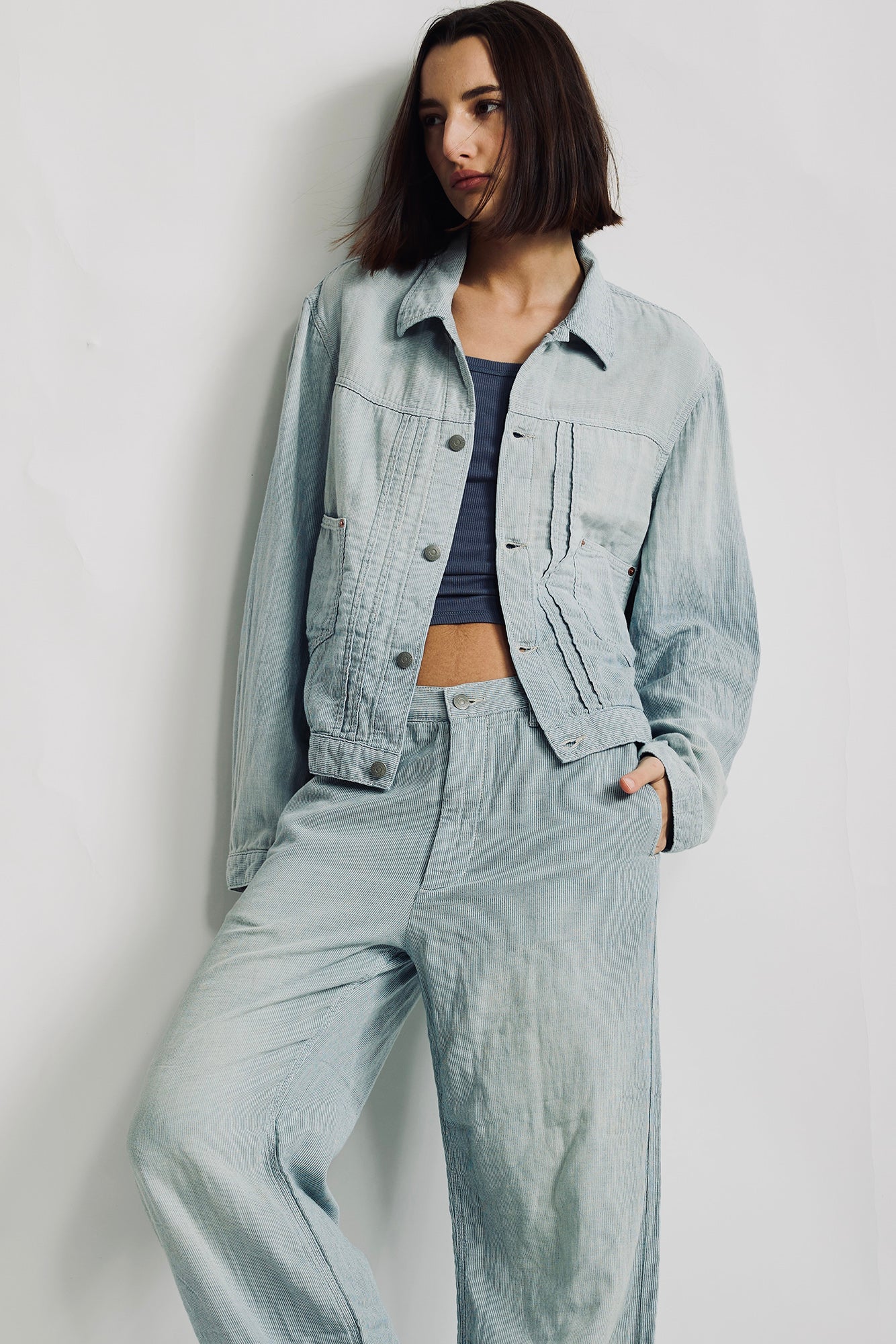 Boxy Pleated Trucker Jacket - Double Cloth Indigo Stripe