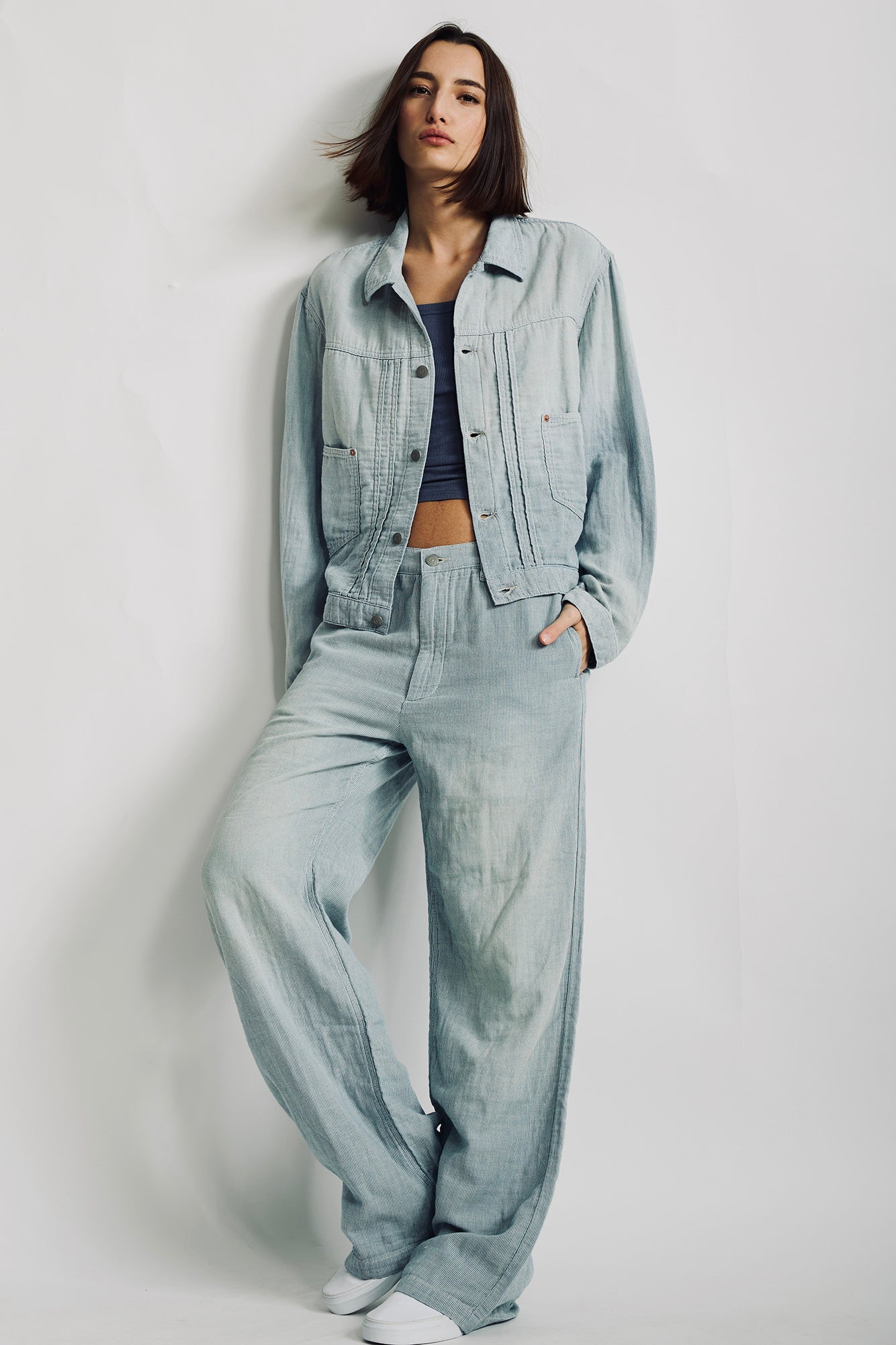 Boxy Pleated Trucker Jacket - Double Cloth Indigo Stripe