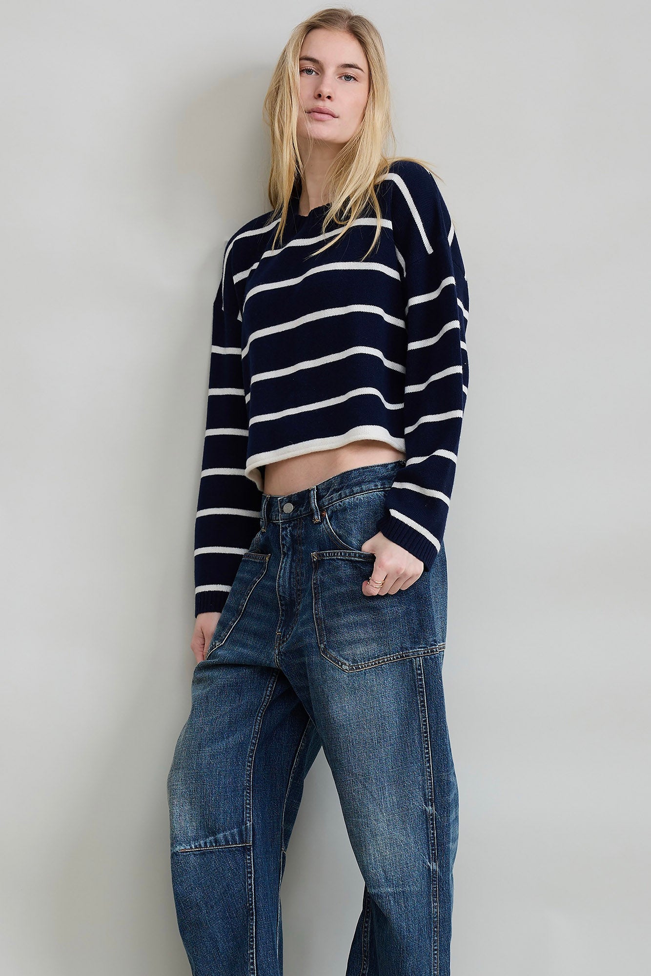 Cropped Stripe Sweater - Navy With White Stripe