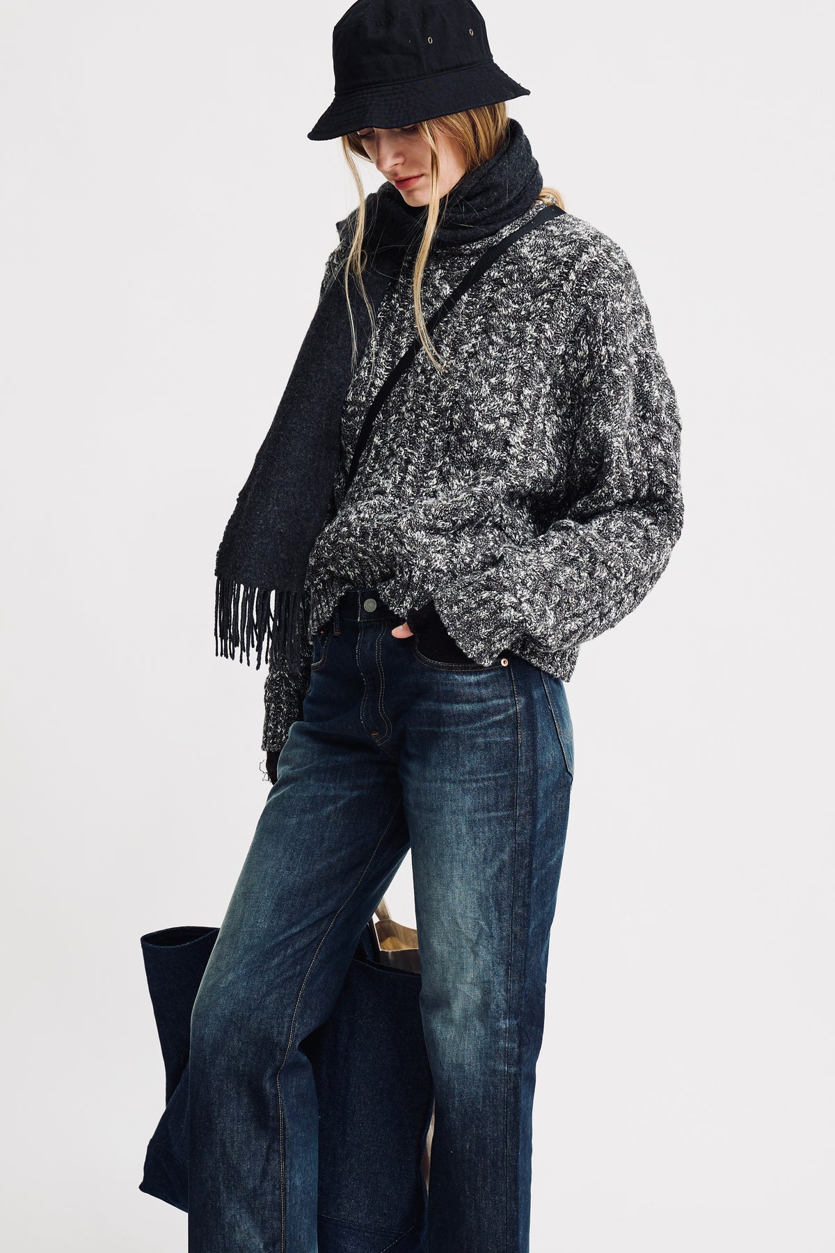 Cable Sweater W/Rolled Neck - Marled Charcoal Grey