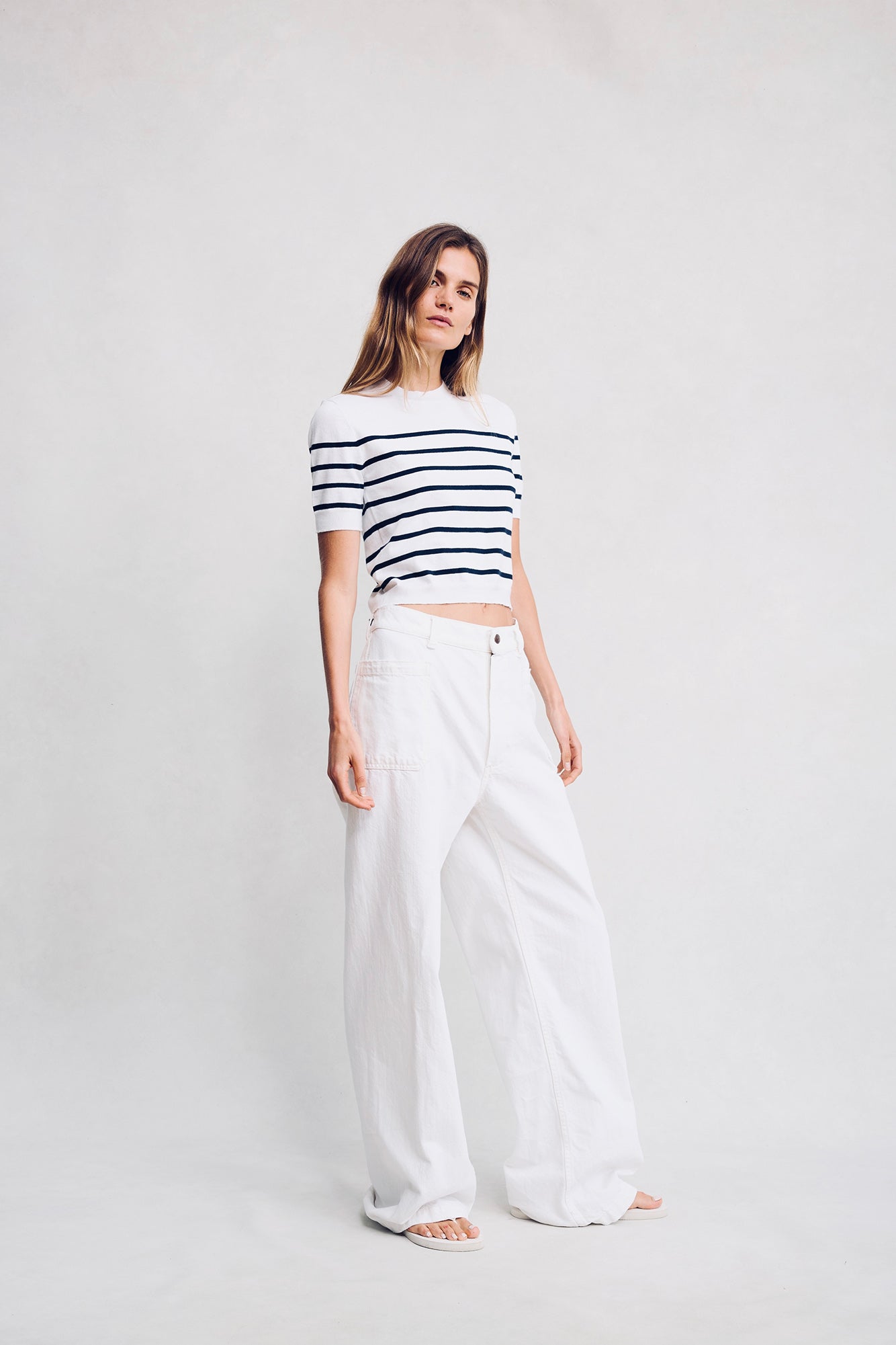 Baby Striped Crewneck - White With Navy Stripe