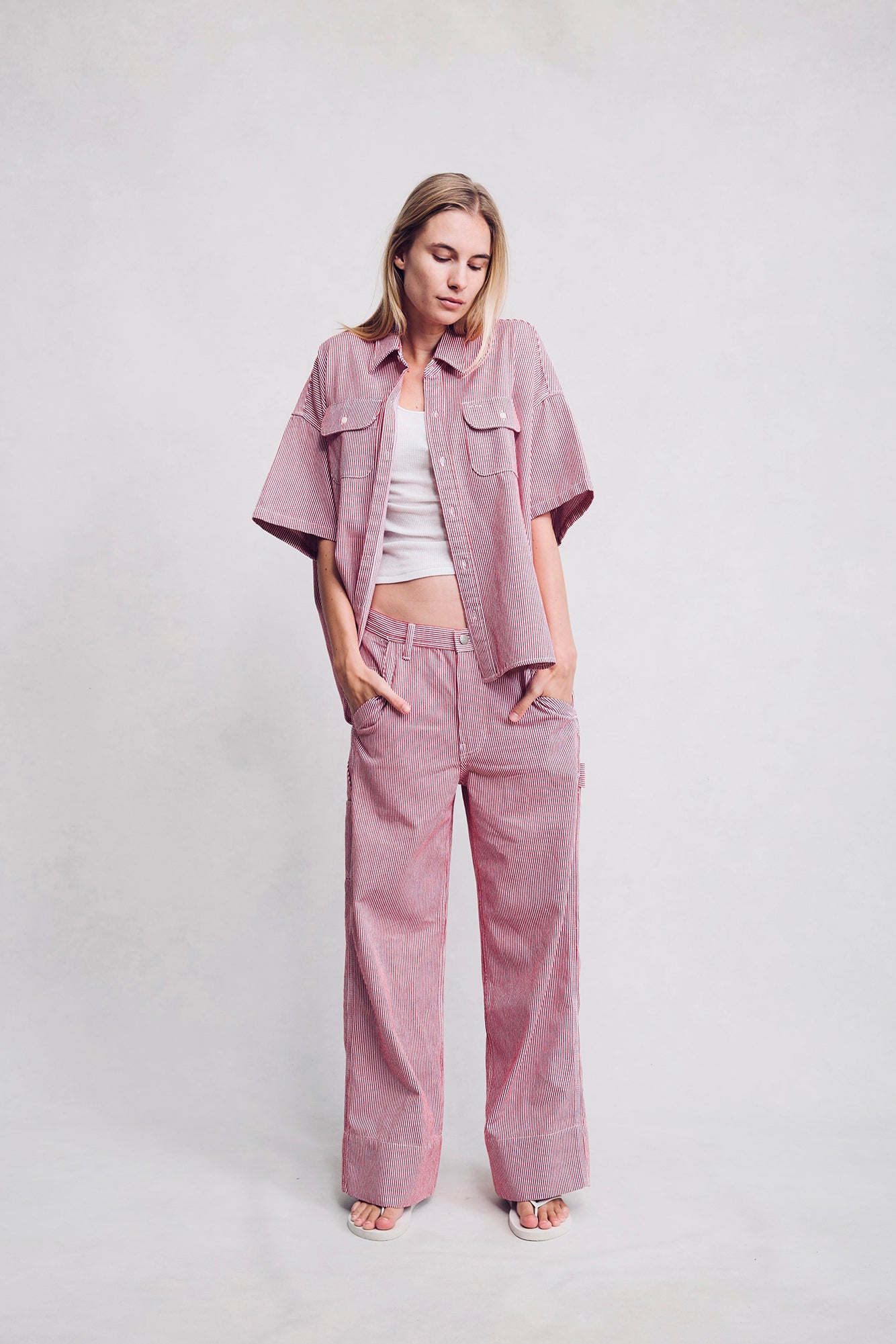 Short Sleeve Button Down Workshirt - Red Railroad Stripe