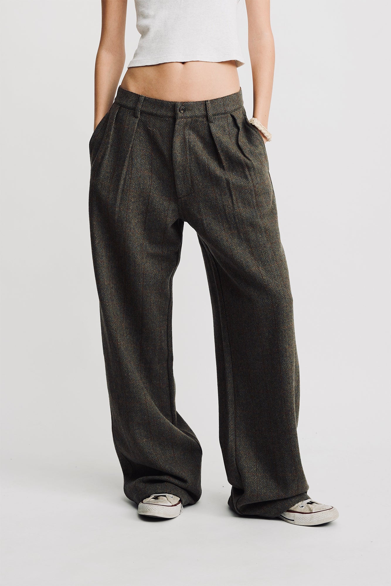 Double Pleat Wide Leg Pant - Olive Herringbone
