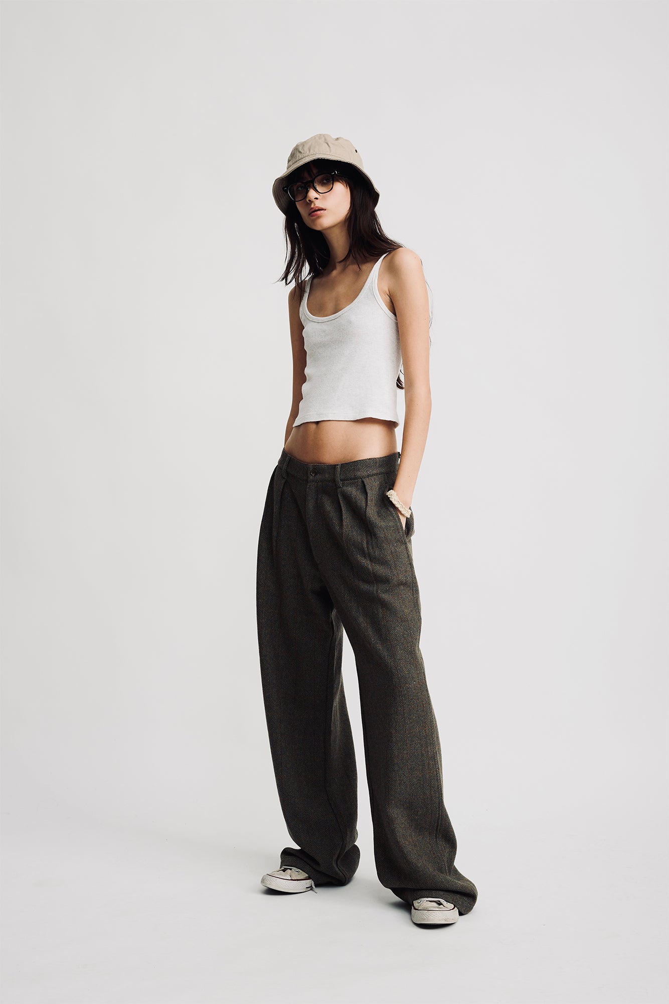 Double Pleat Wide Leg Pant - Olive Herringbone