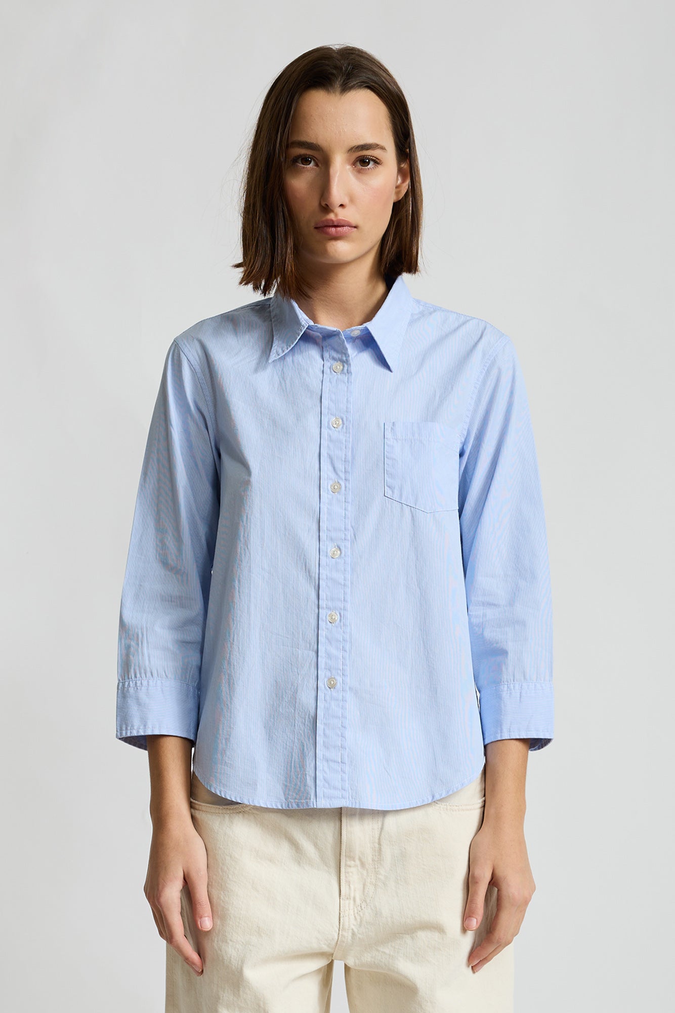 Adrienne Shrunken Shirt - Light Blue Micro Stripe