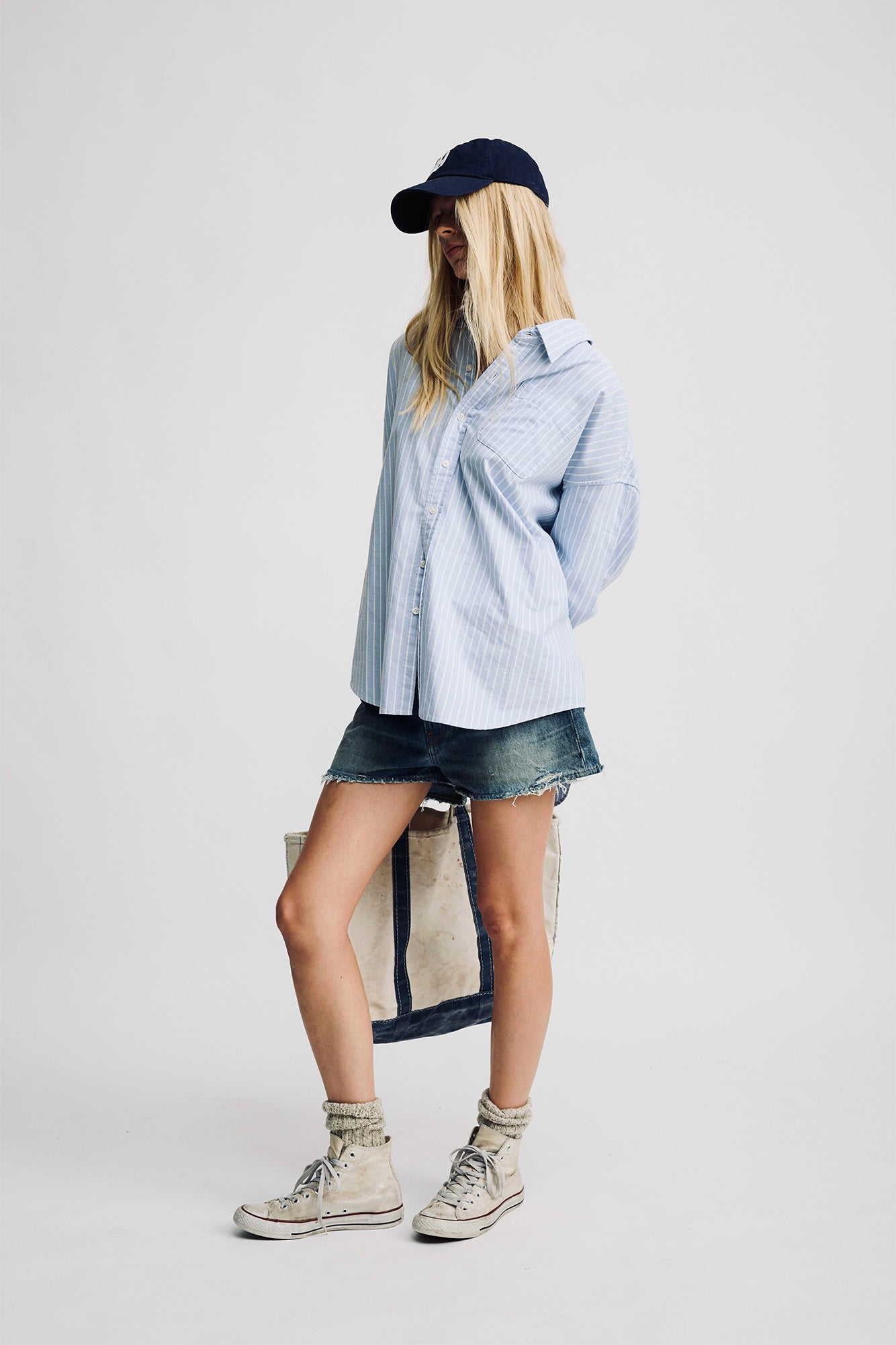 Button Front Shirt - Wide Light Blue Stripe