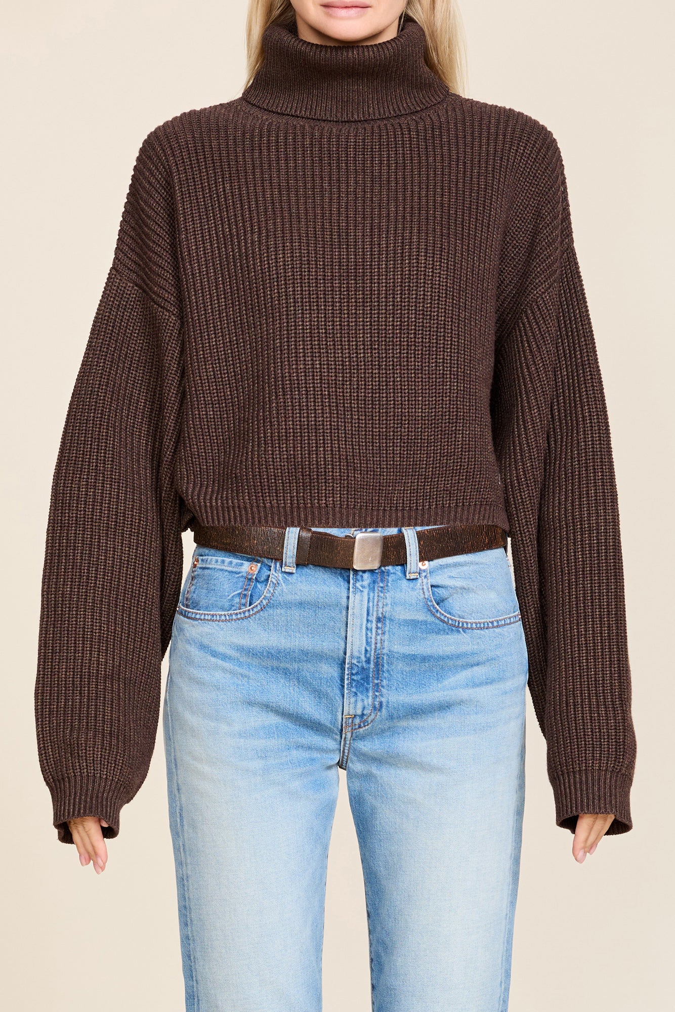 Cropped Turtleneck Sweater - Dark Heather Brown