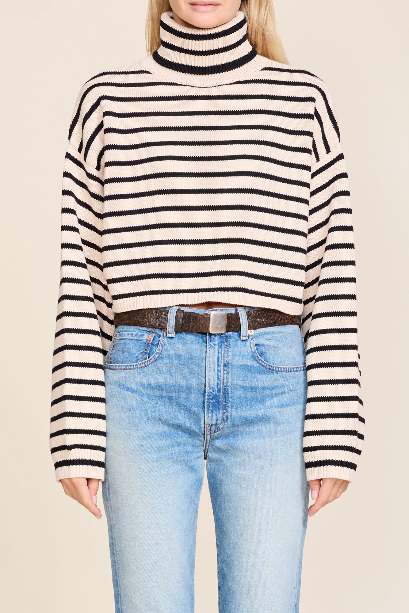 Cropped Stripe Turtleneck Sweater - Tan w/ Black Stripe