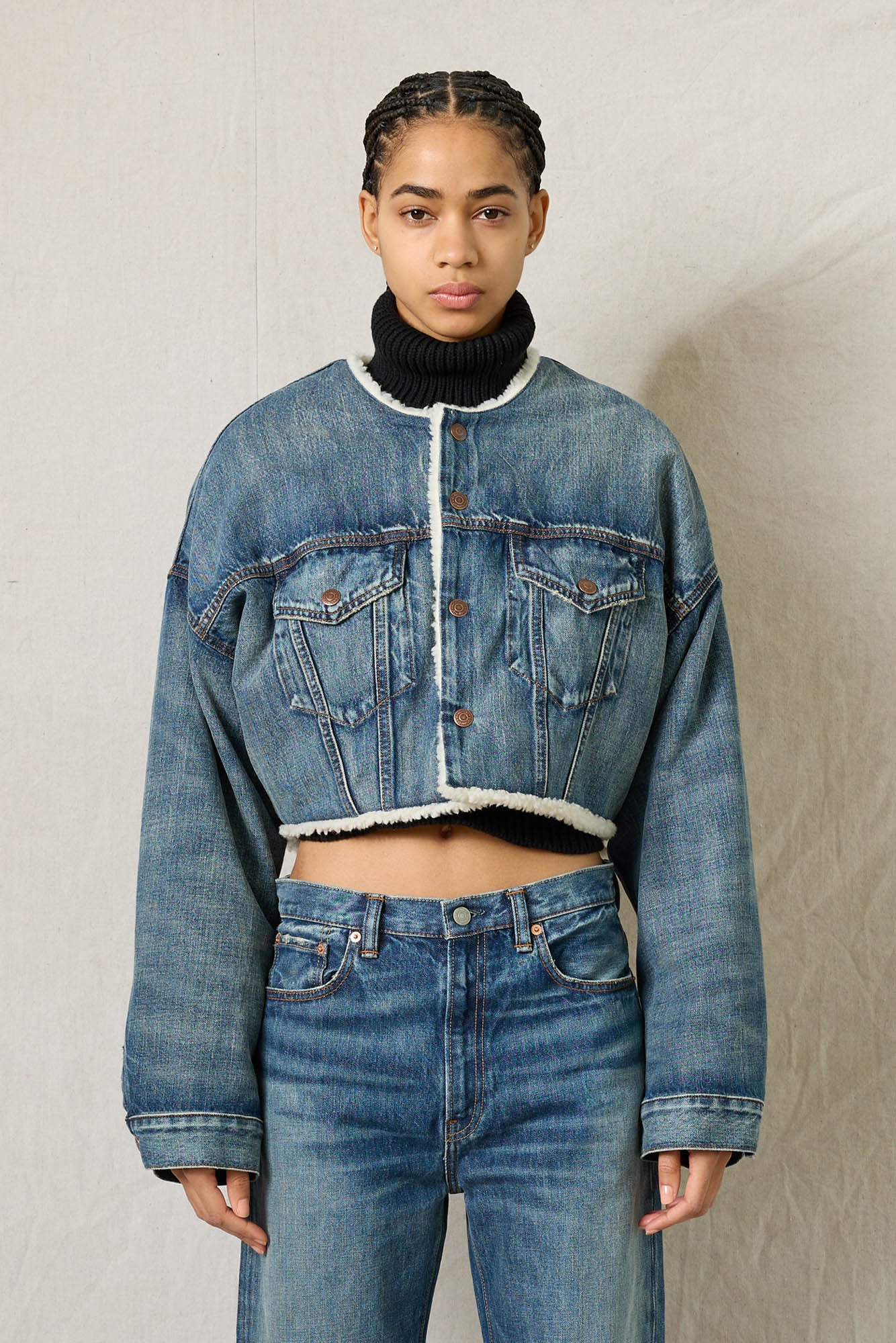 Oversized Cropped Denim Jacket - Eldon W/ Sherpa Lining