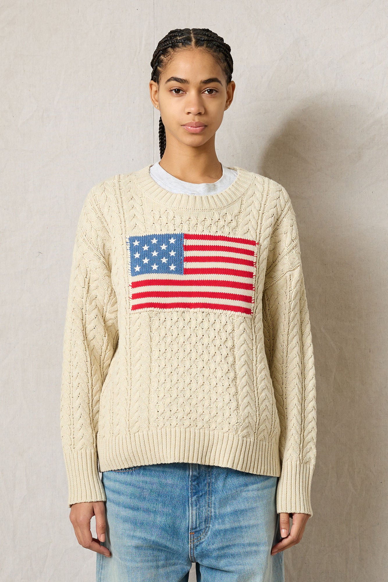 American Flag Easy Cable Sweater - Oatmeal