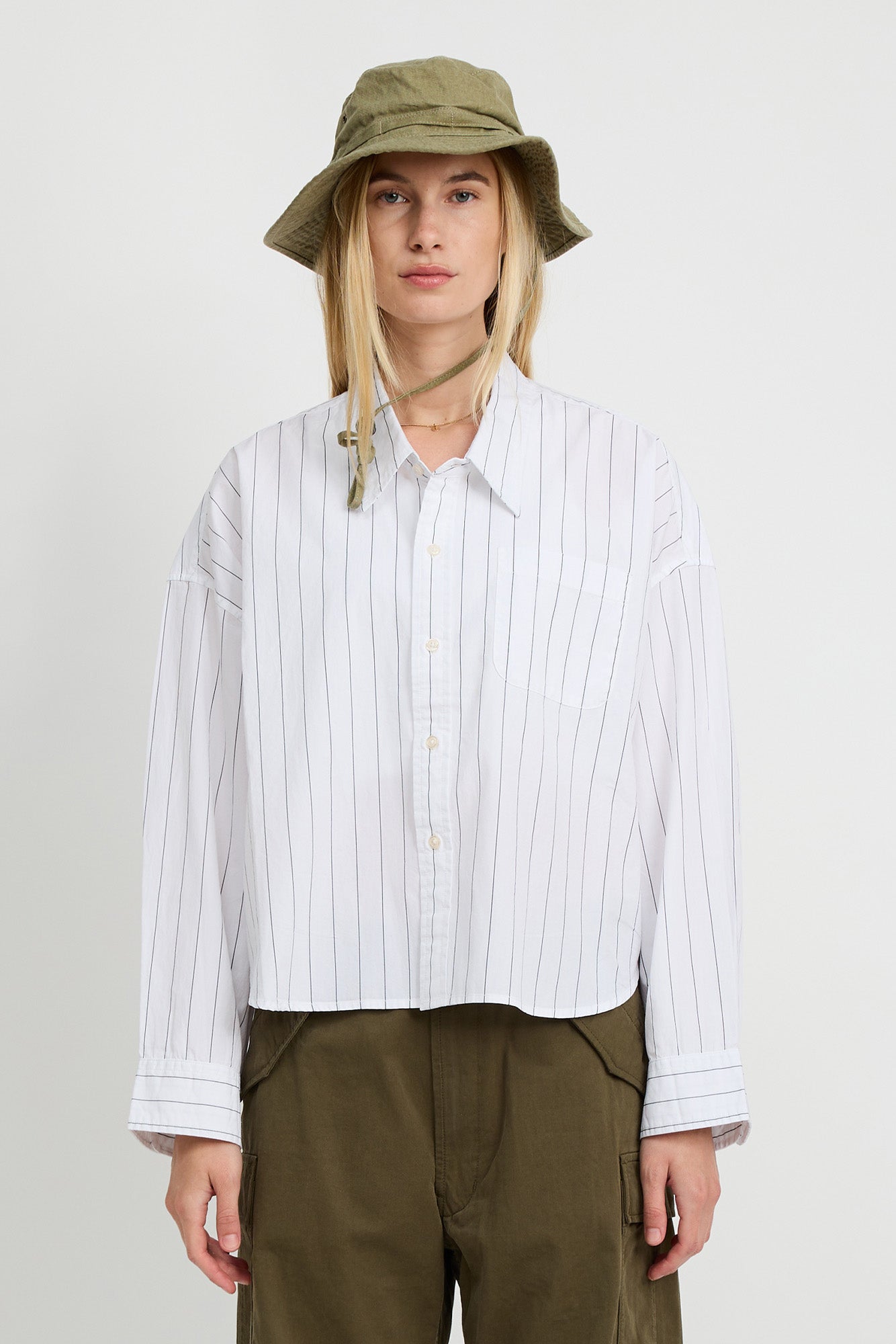Cropped Shirt - Ecru White Black Wide Pinstripe