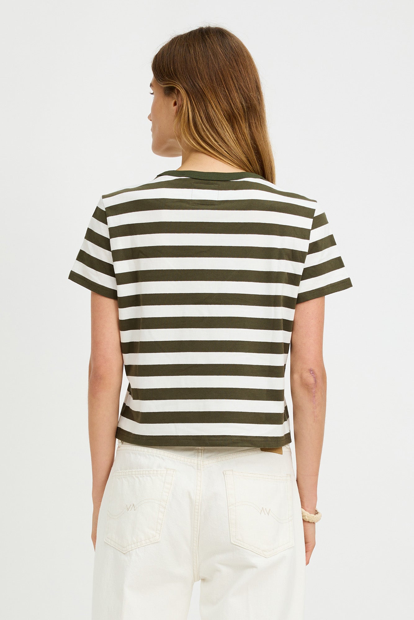 Striped Baby Tee - Dark Olive Green Ecru Wide Stripe