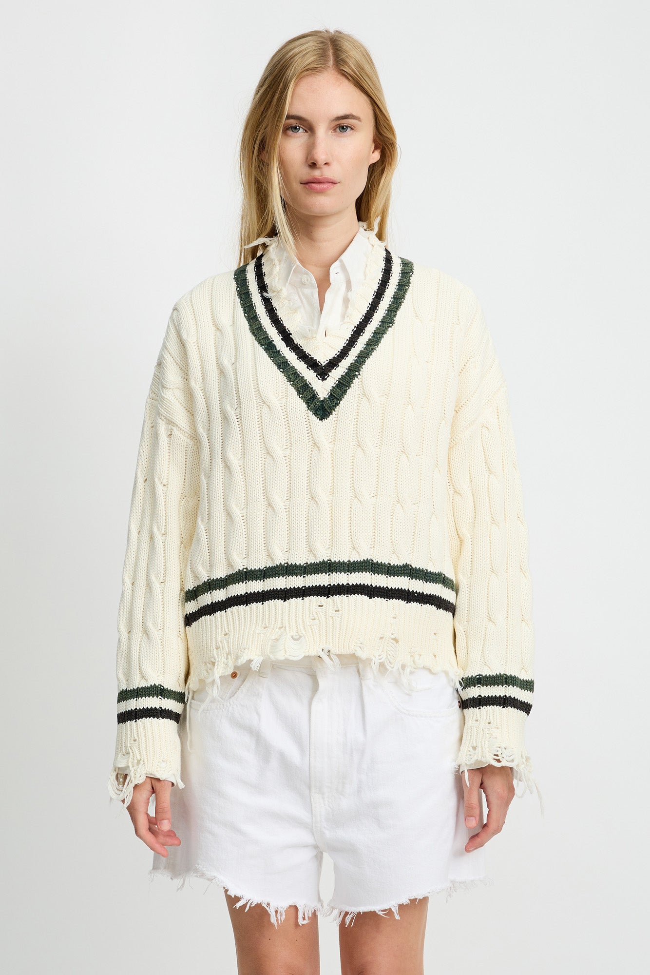 Oversized Cropped Cable Tennis Sweater - Cream White Black Green Stripes