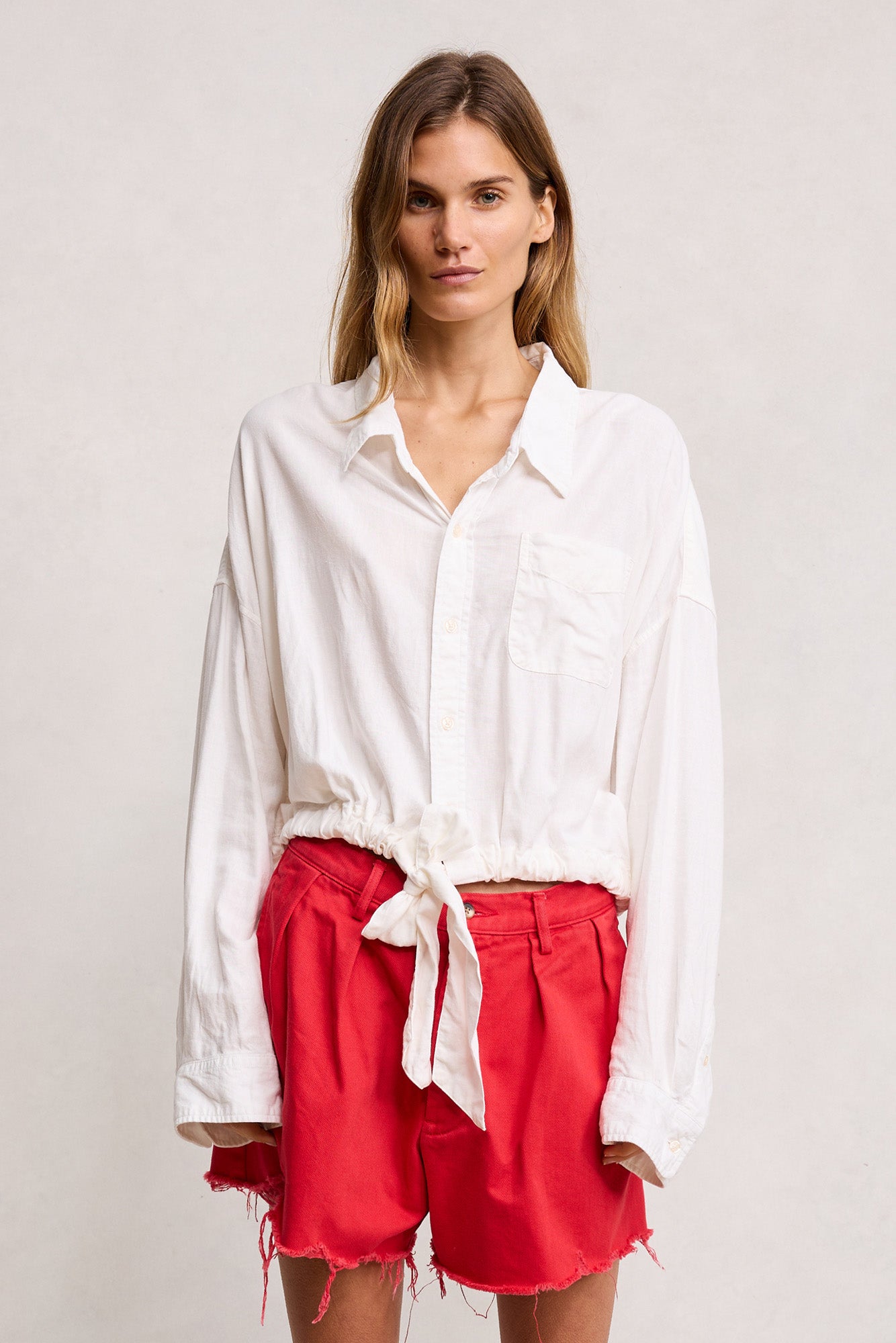 Long Sleeve Front Tie Shirt - White