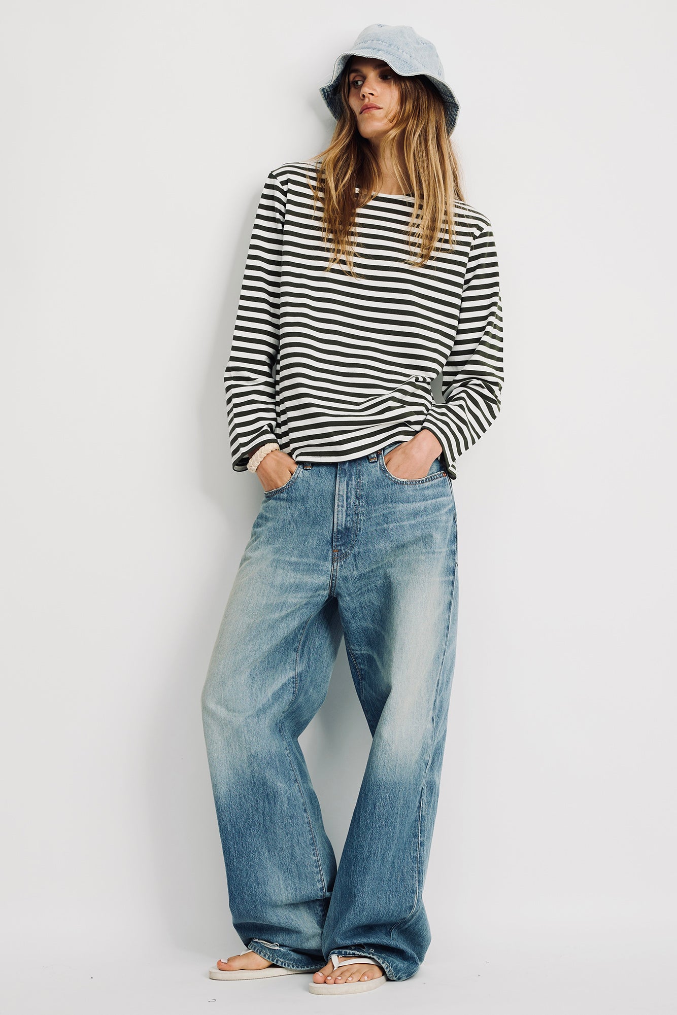 Long Sleeve Boatneck Tee - Olive Green Ecru Stripe