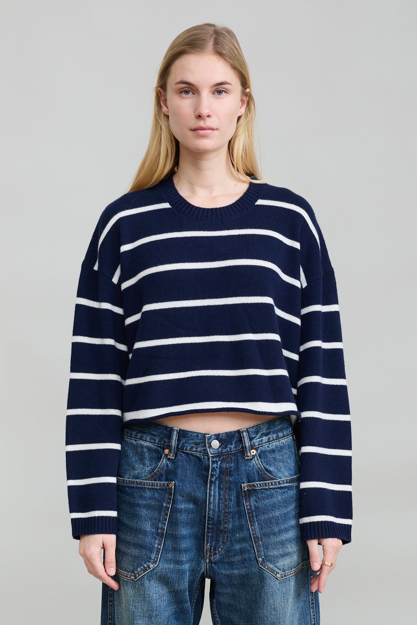 Cropped Stripe Sweater - Navy With White Stripe