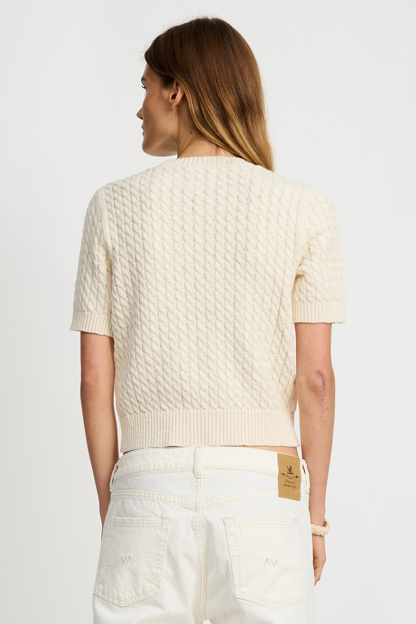 Short Sleeve Cable Crewneck - Cream Khaki