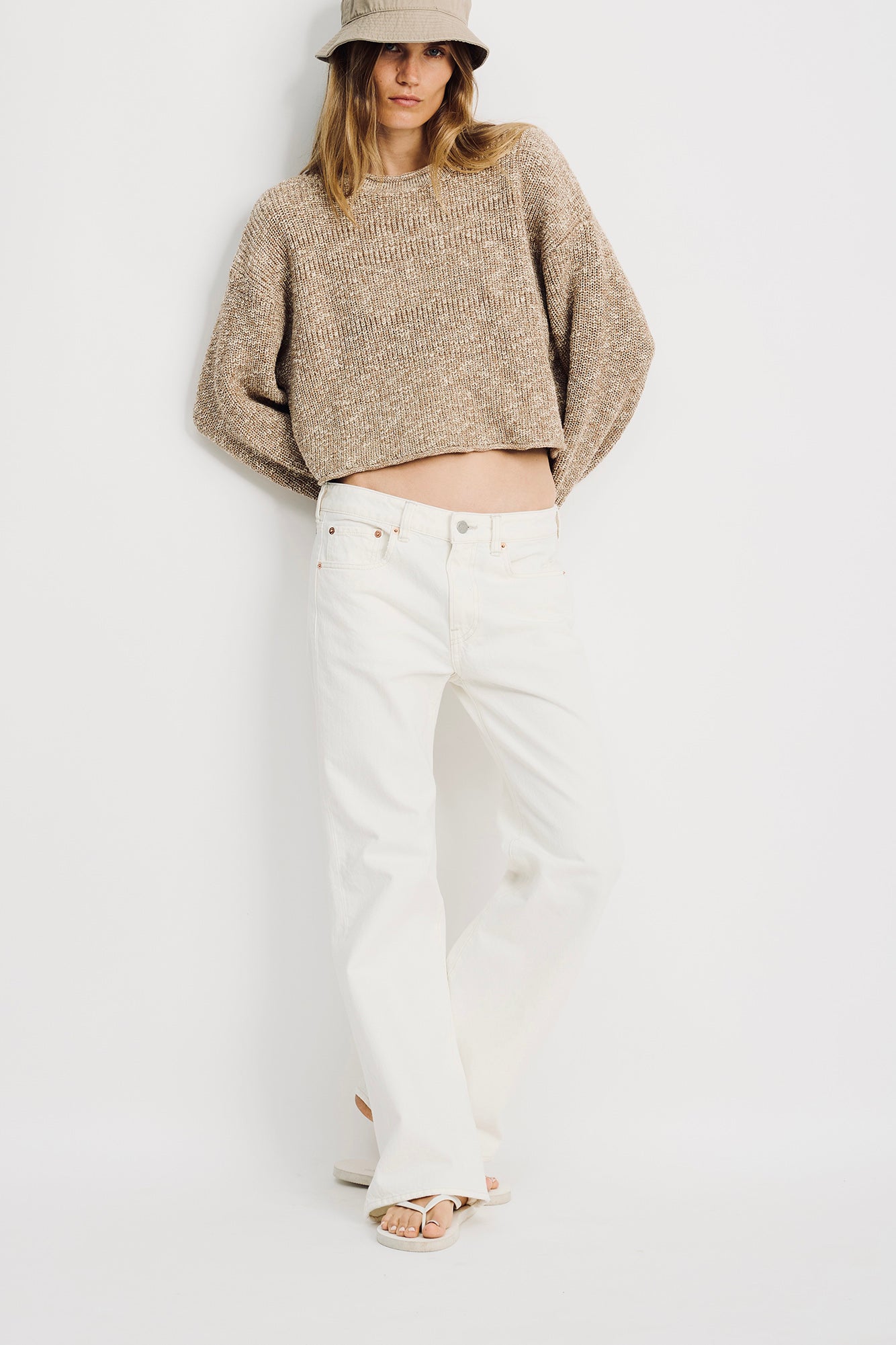 Cropped Relaxed Sweater - Tan Marled