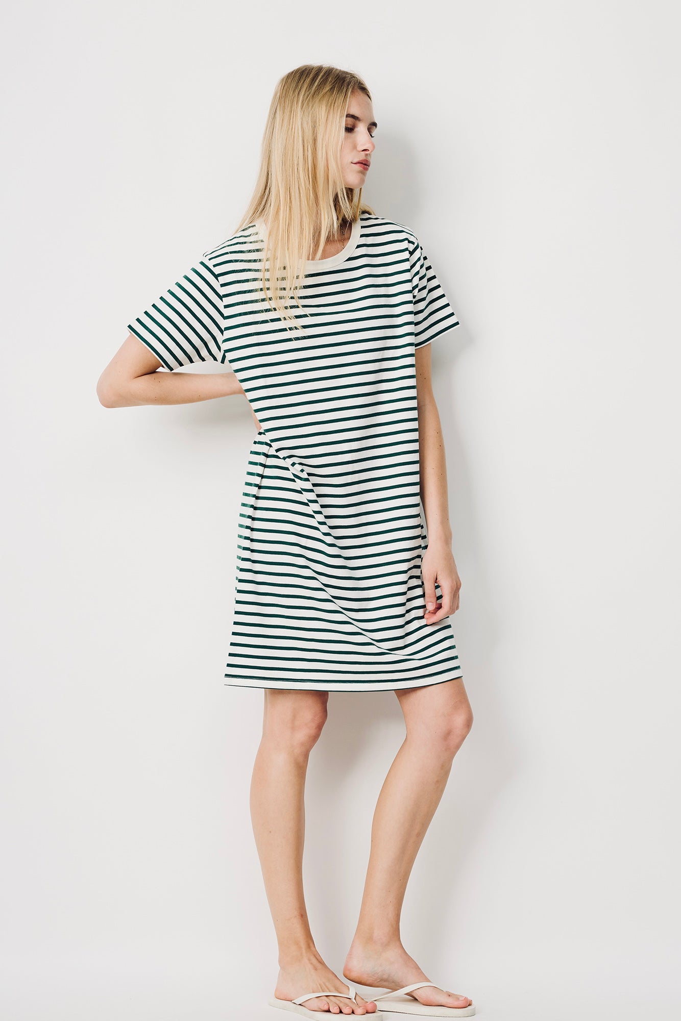 Relaxed Tshirt Dress - Ecru Green Stripe