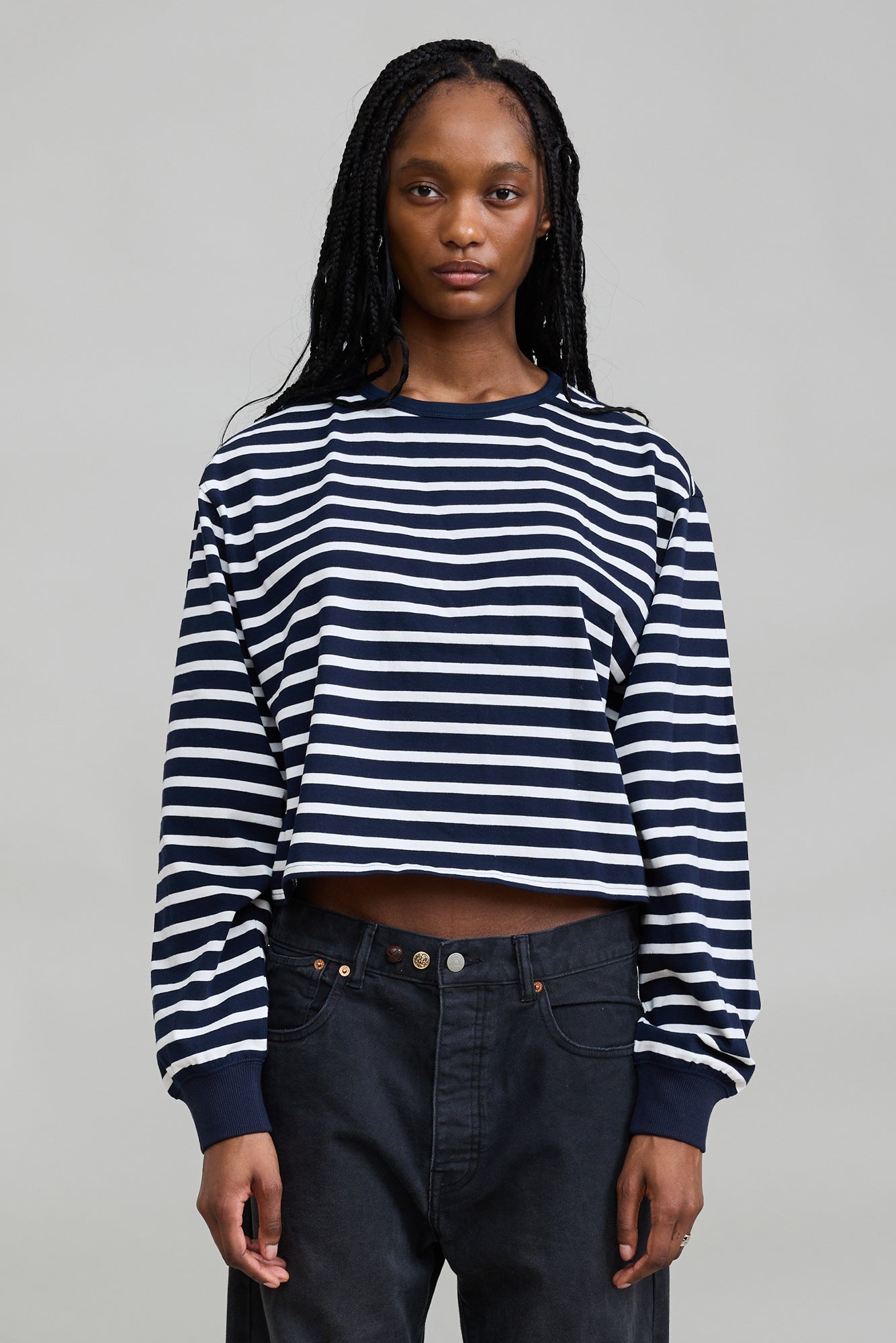Boxy Cropped Long Sleeve Crewneck Tee - Navy White Stripe