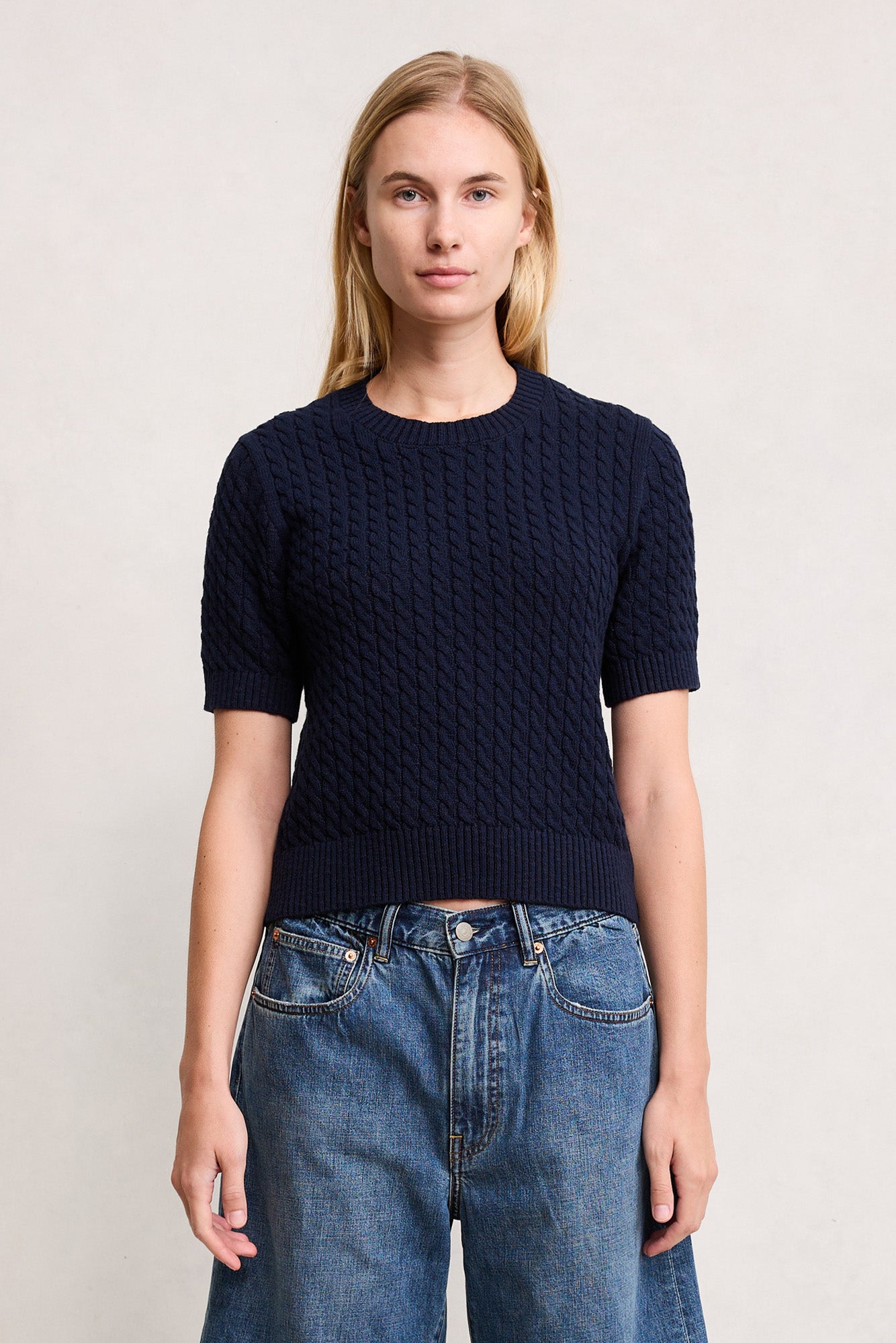 Short Sleeve Cable Crewneck - Navy Blue
