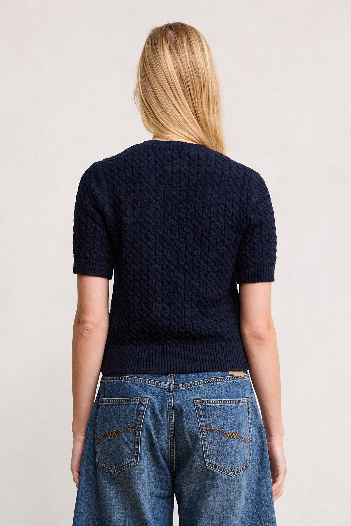 Short Sleeve Cable Crewneck - Navy Blue