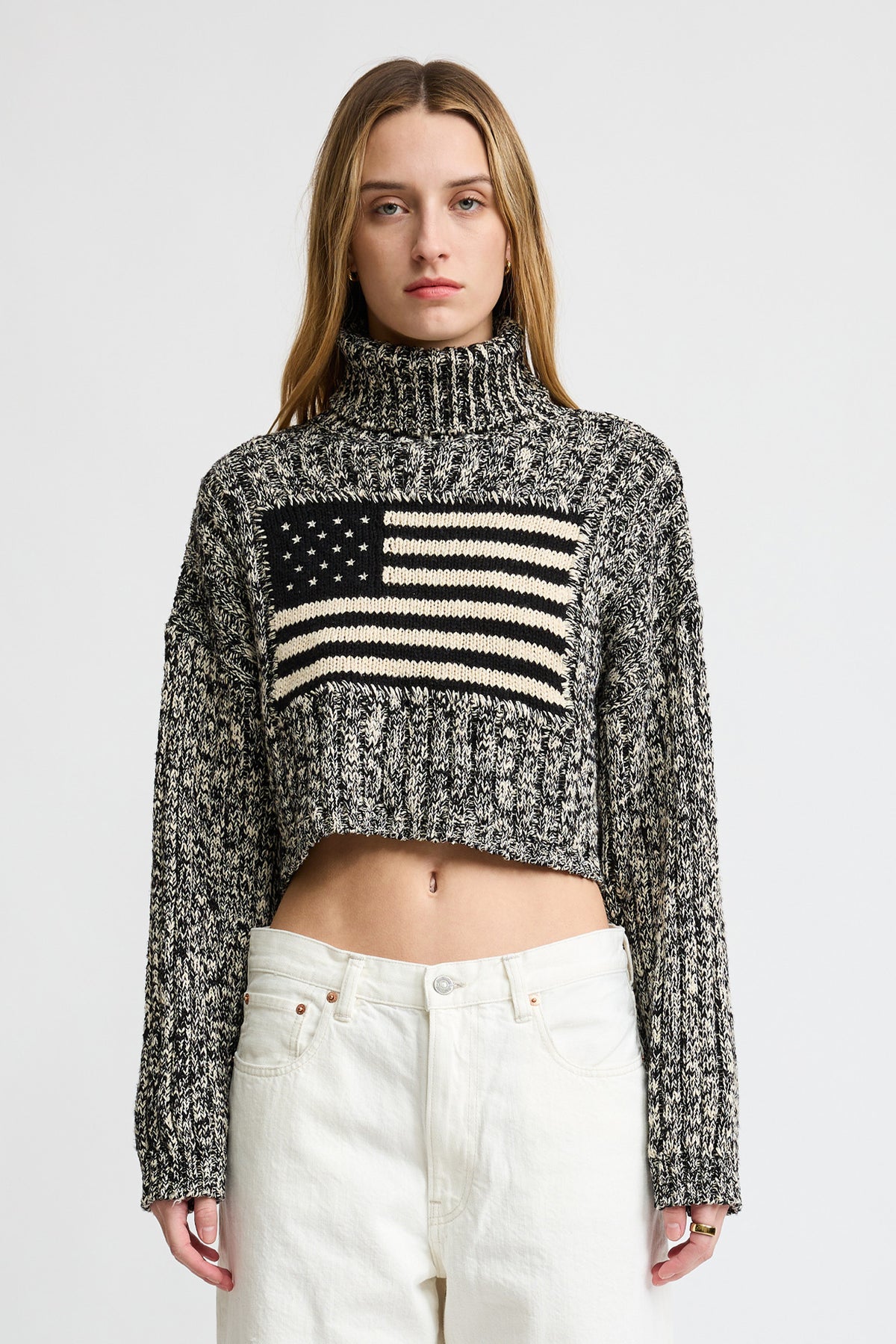 American Flag Cropped Turtleneck Sweater - Marled Black/Cream
