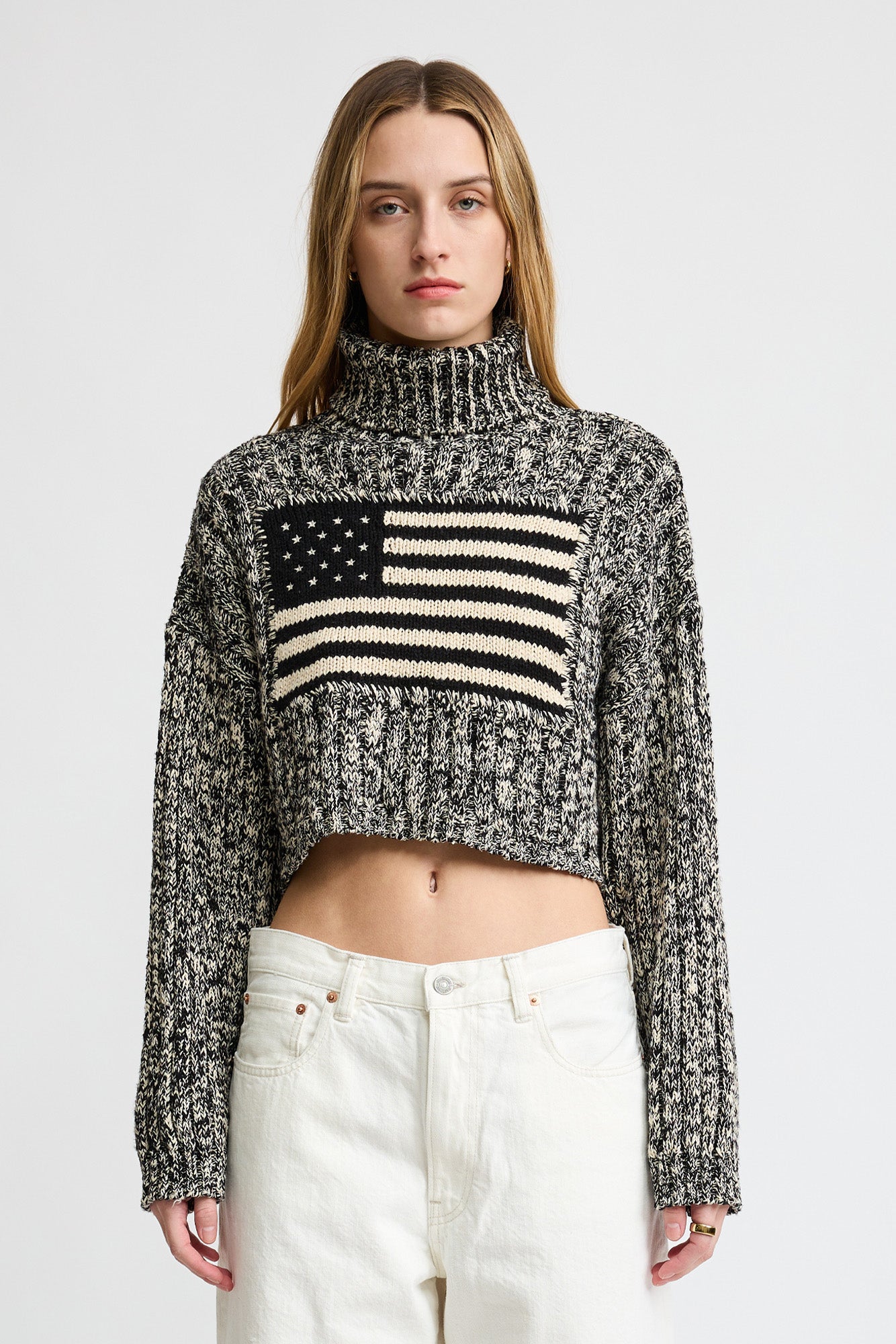 American Flag Cropped Turtleneck Sweater - Marled Black/Cream