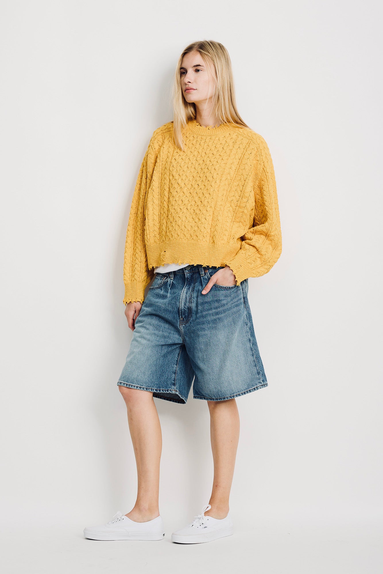 Oversized Cropped Aran Sweater - Yellow