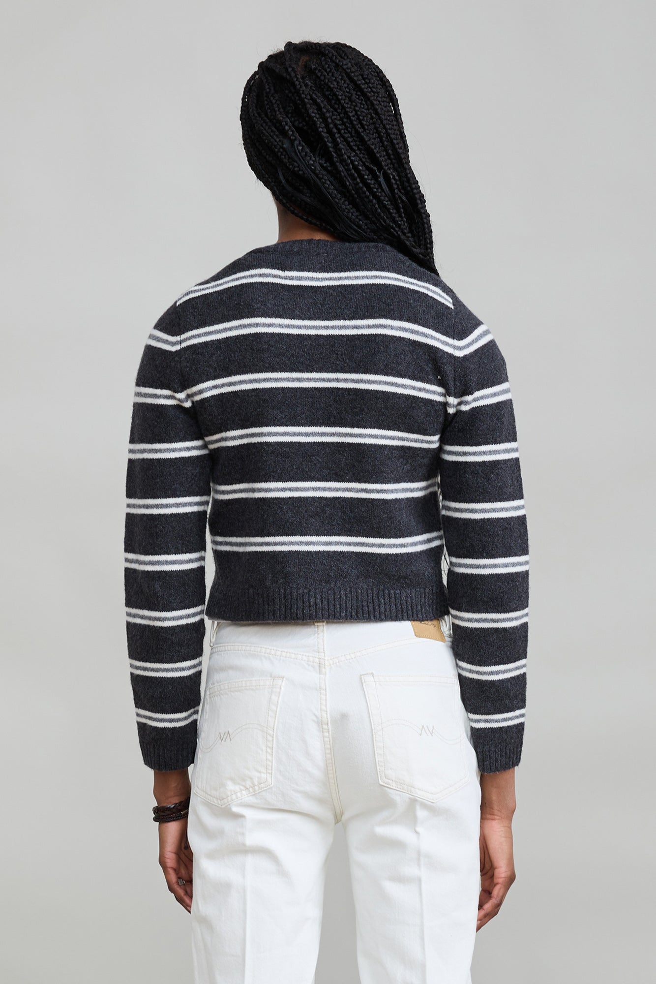 The Riley Cardigan - Charcoal With Ecru Grey Stripe
