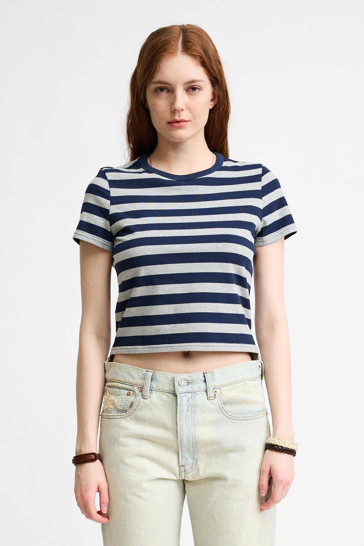 Striped Baby T - Light Heather Grey/Navy Wide Stripe