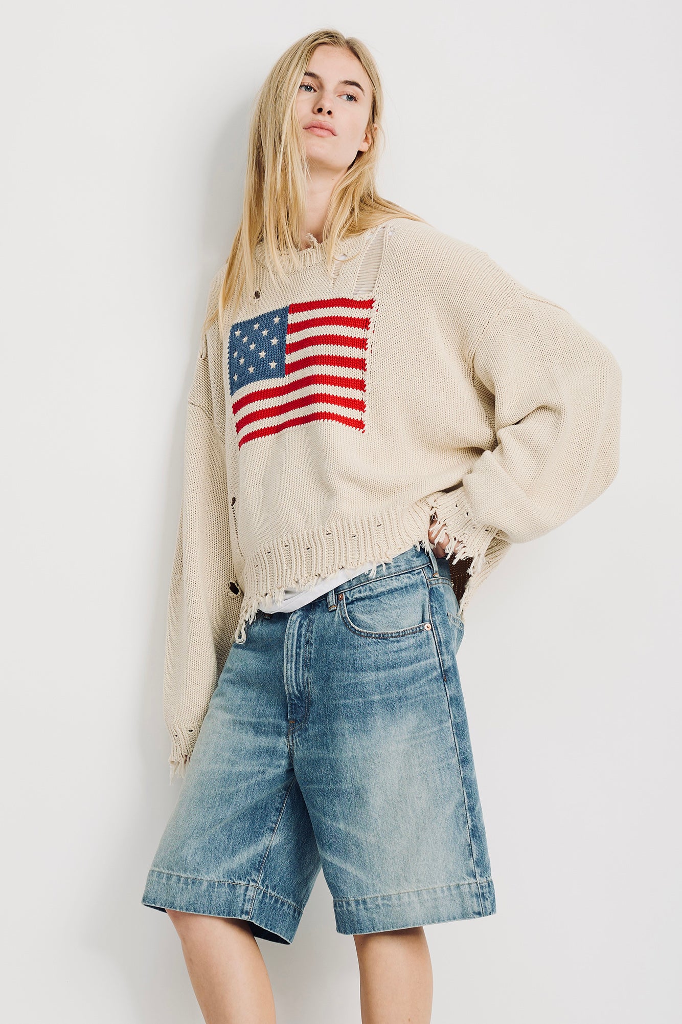 Oversized Cropped American Flag Sweater - Oatmeal