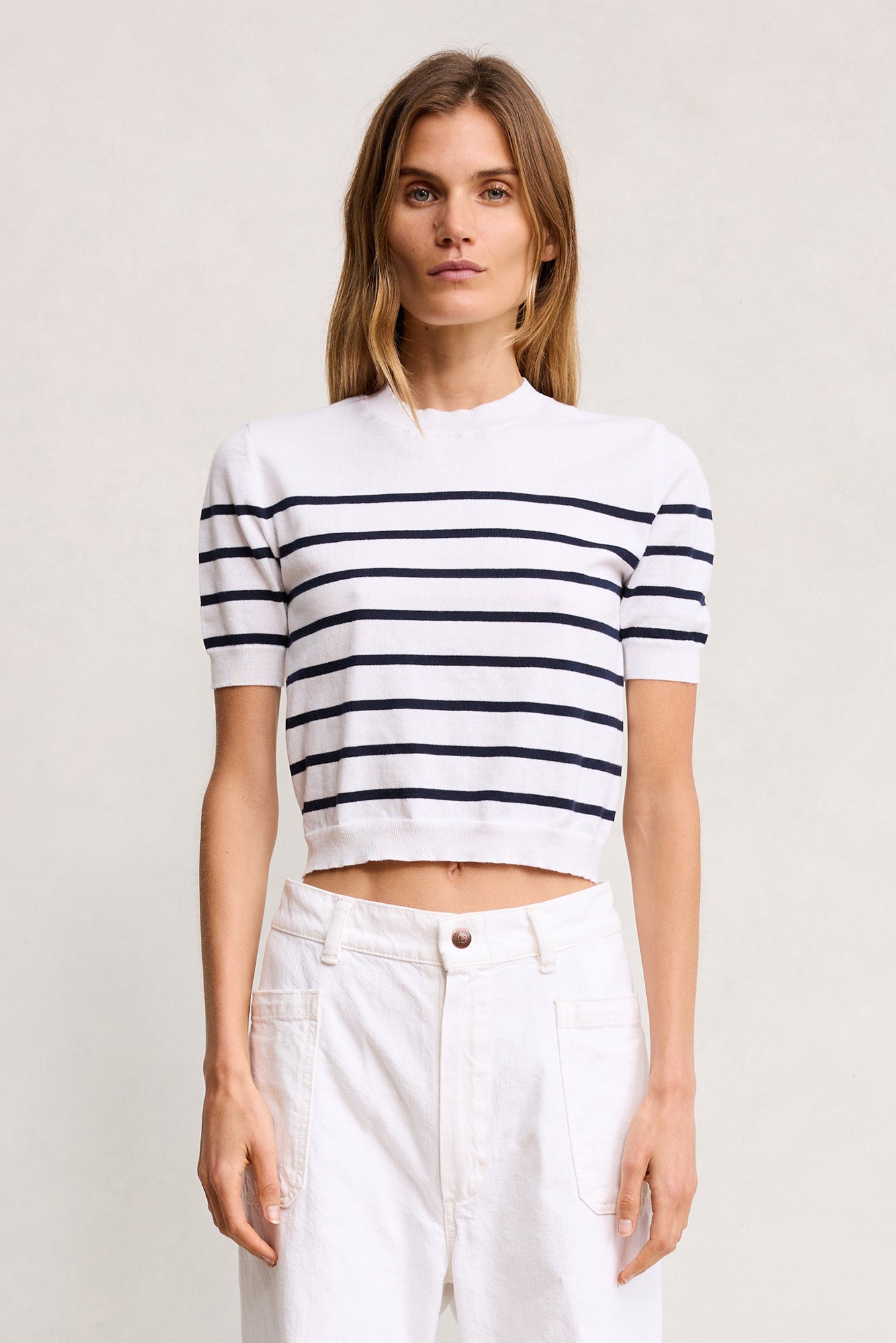 Baby Striped Crewneck - White With Navy Stripe