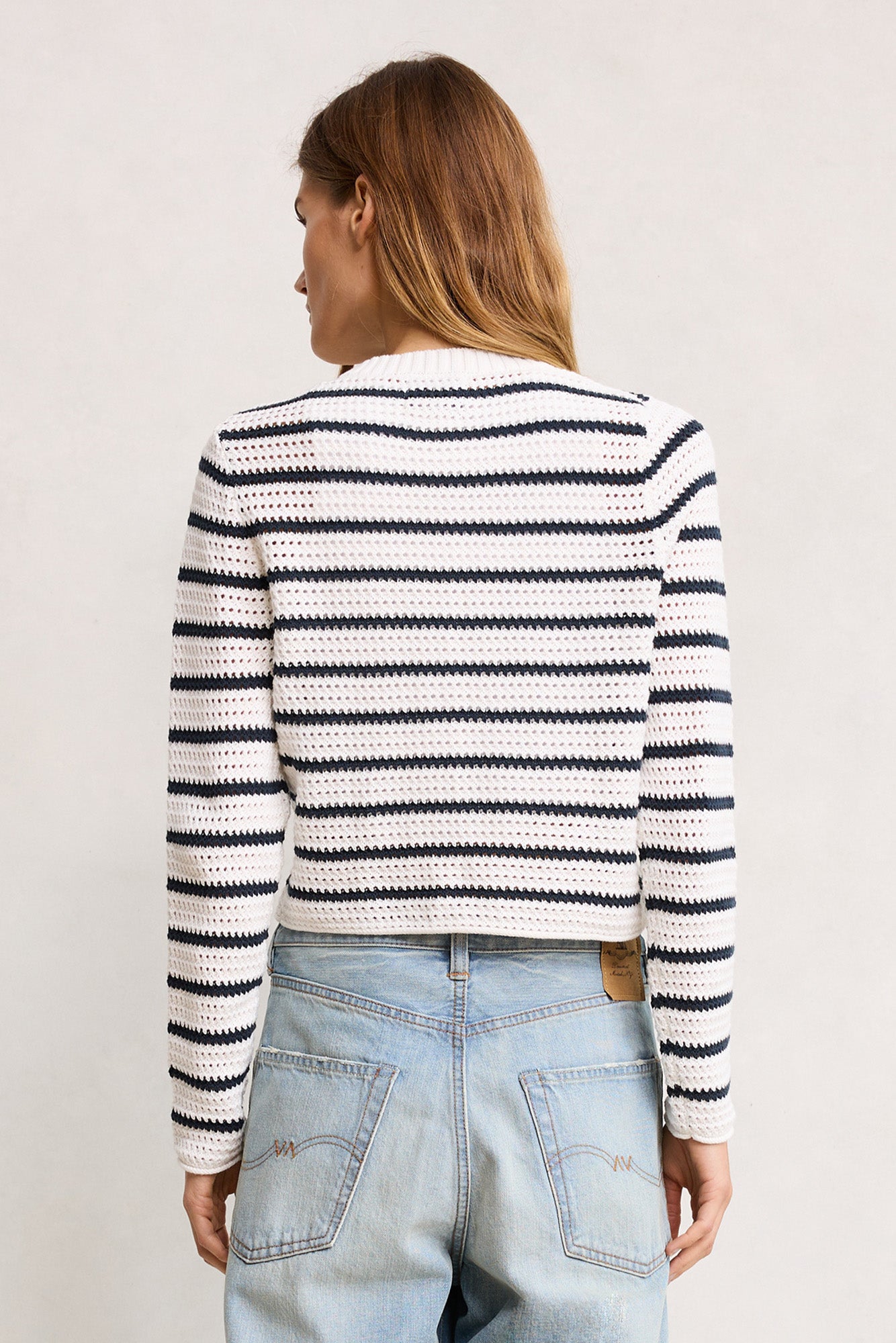 Stripe Crochet Shrunken Cardigan - White With Navy Stripes