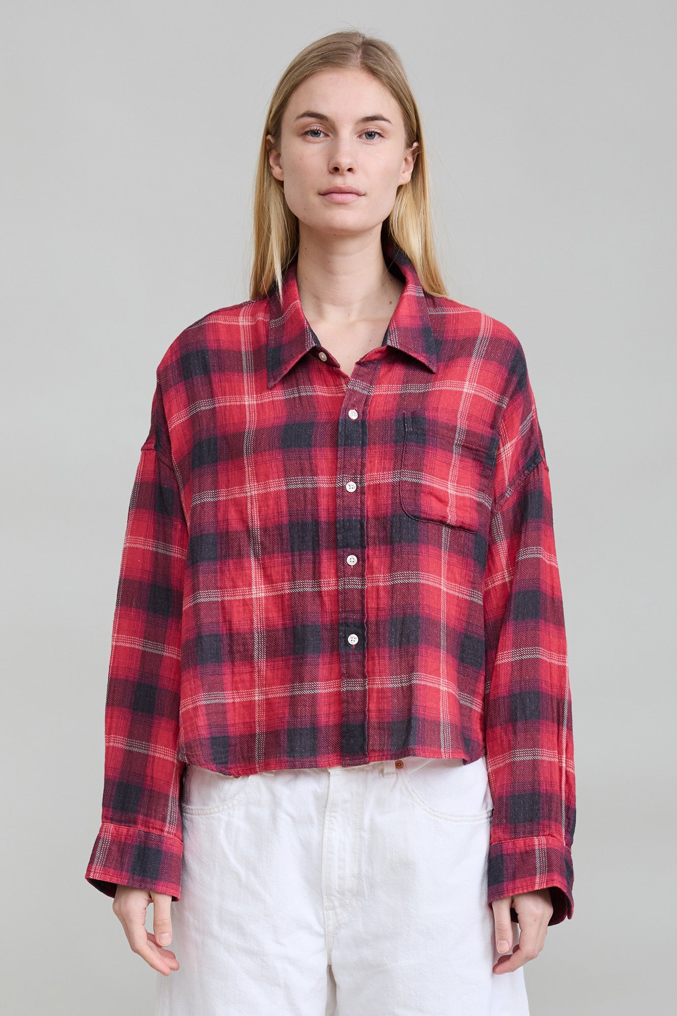 Bailey Cropped Shirt - Red Black Plaid
