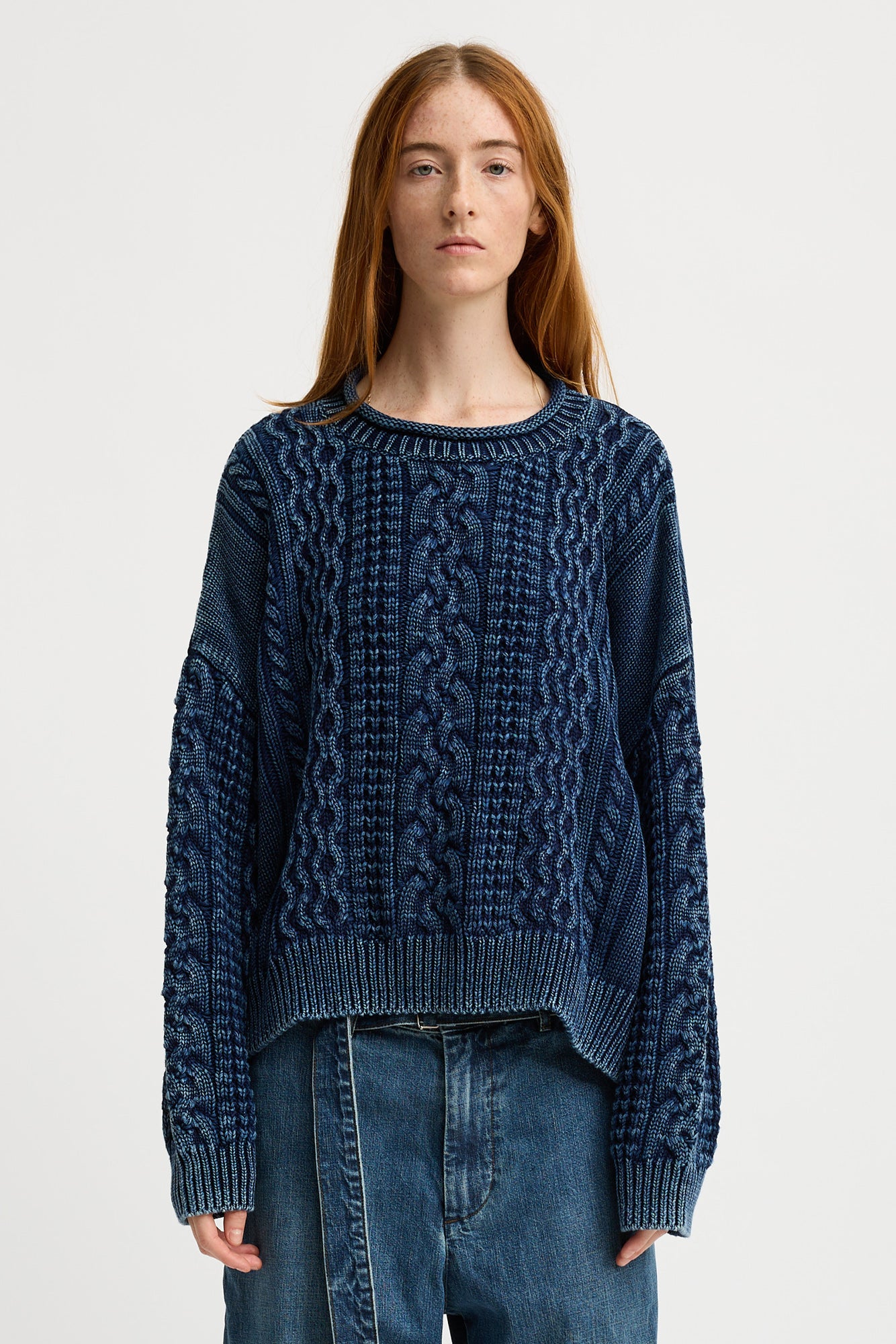 Übergroßer Aran-Pullover mit Rollkragen - Indigo
