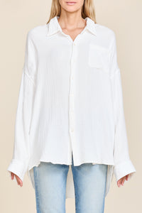 Button Front Shirt - Ecru Crinkle Cotton