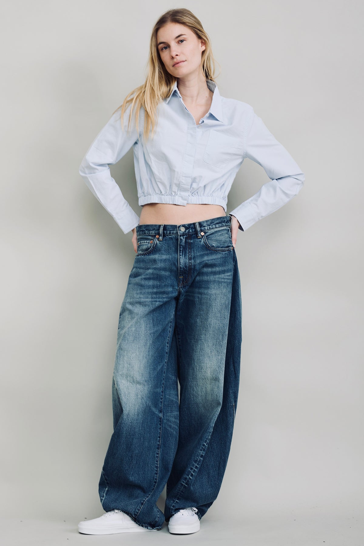 Cropped Elastic Waist Shirt - Light Blue Oxford