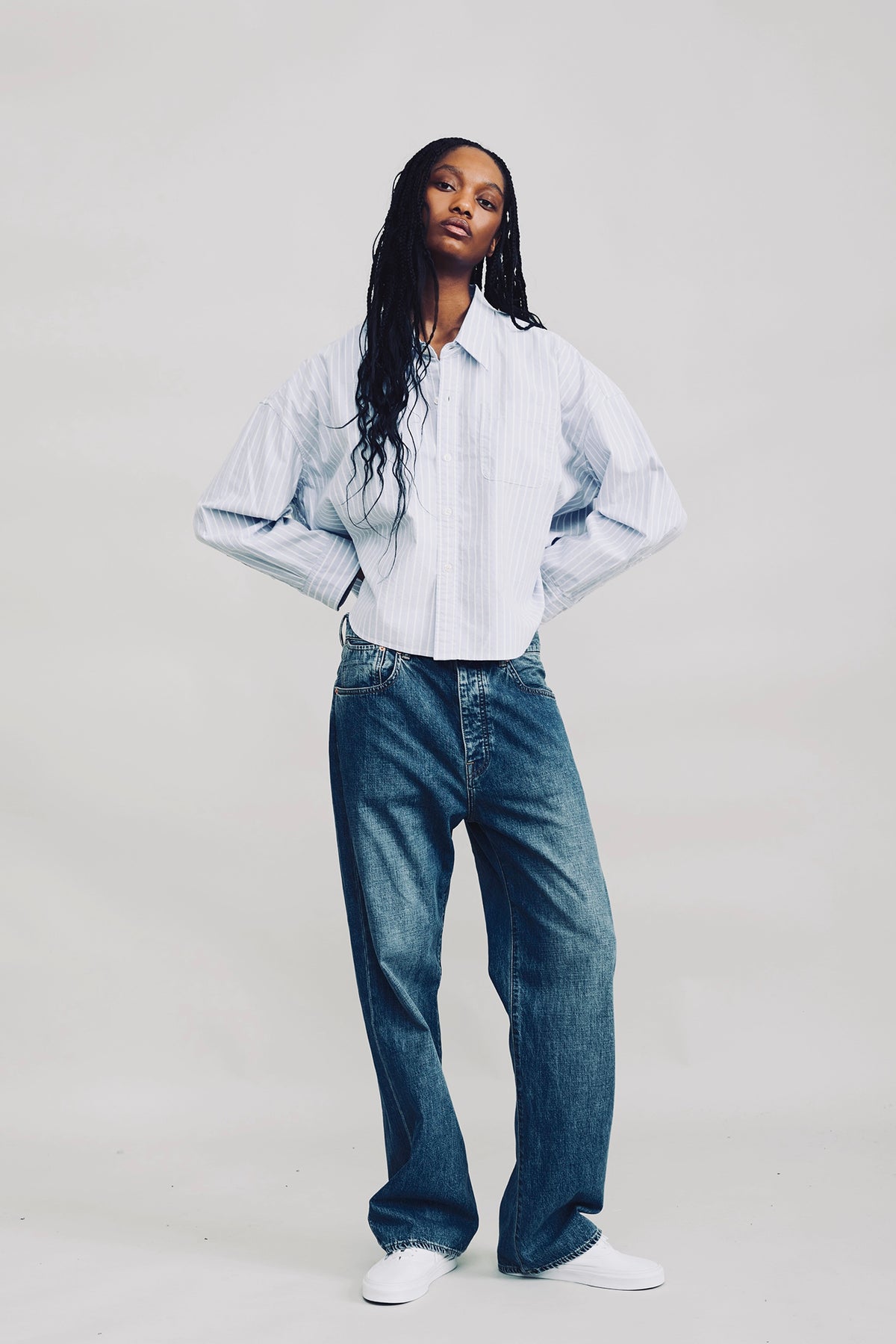 Bailey Cropped Shirt - Light Blue Stripe Oxford