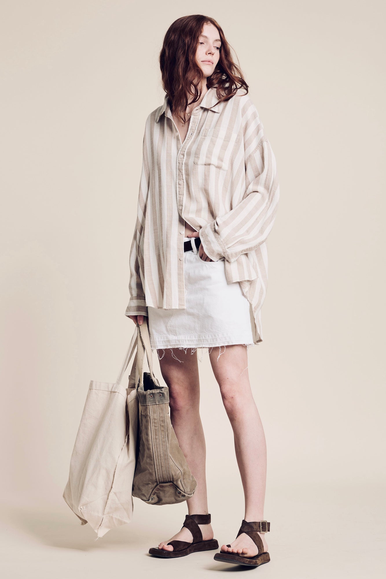 Button Front Shirt - Jumbo Beige/Ecru Stripe