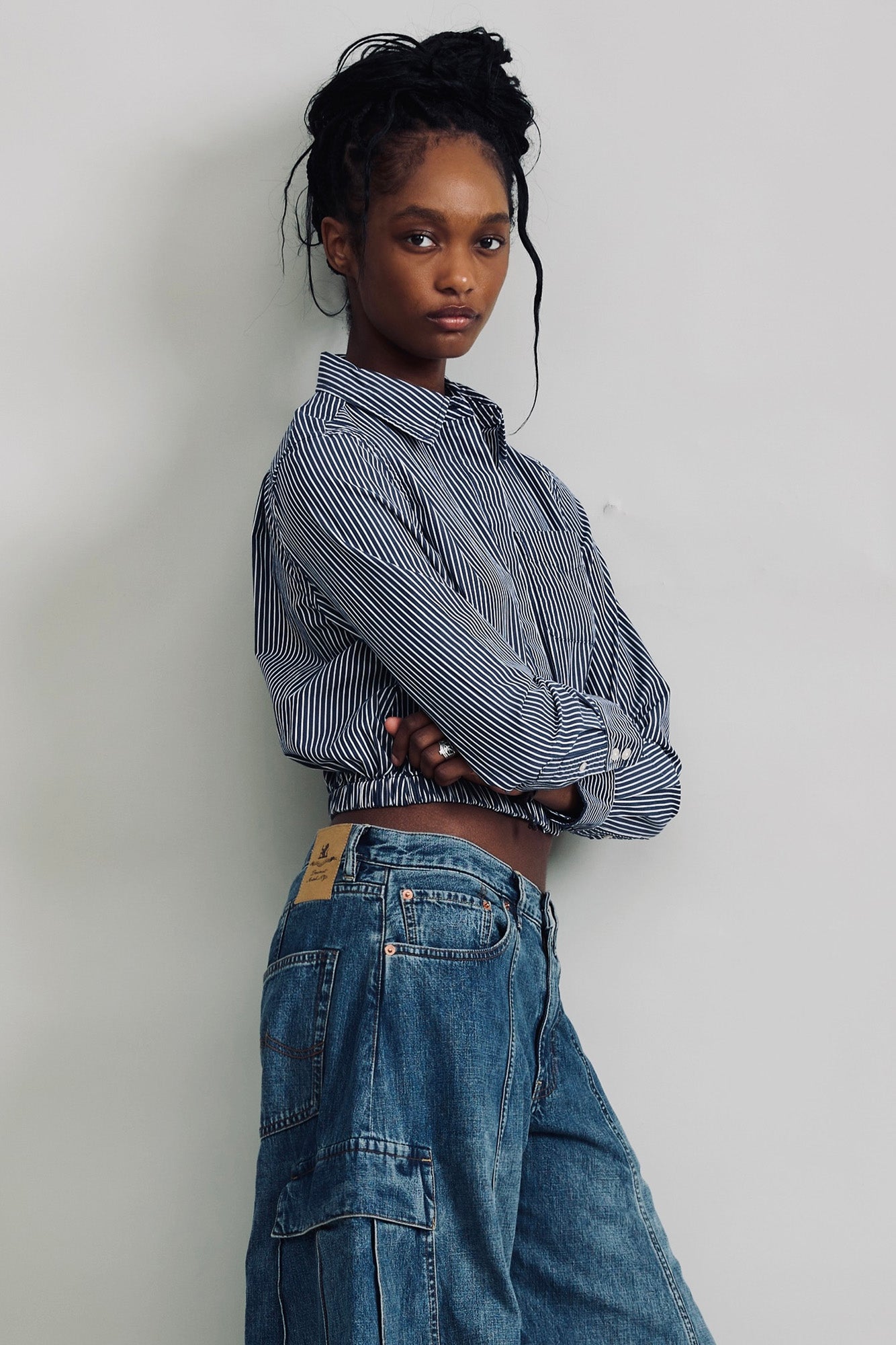 Cropped Elastic Waist Shirt - Black Stripe