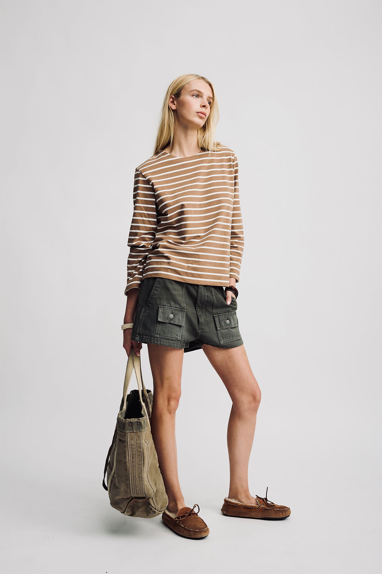 Long Sleeved Boatneck Tee - Light Brown With White Stripe