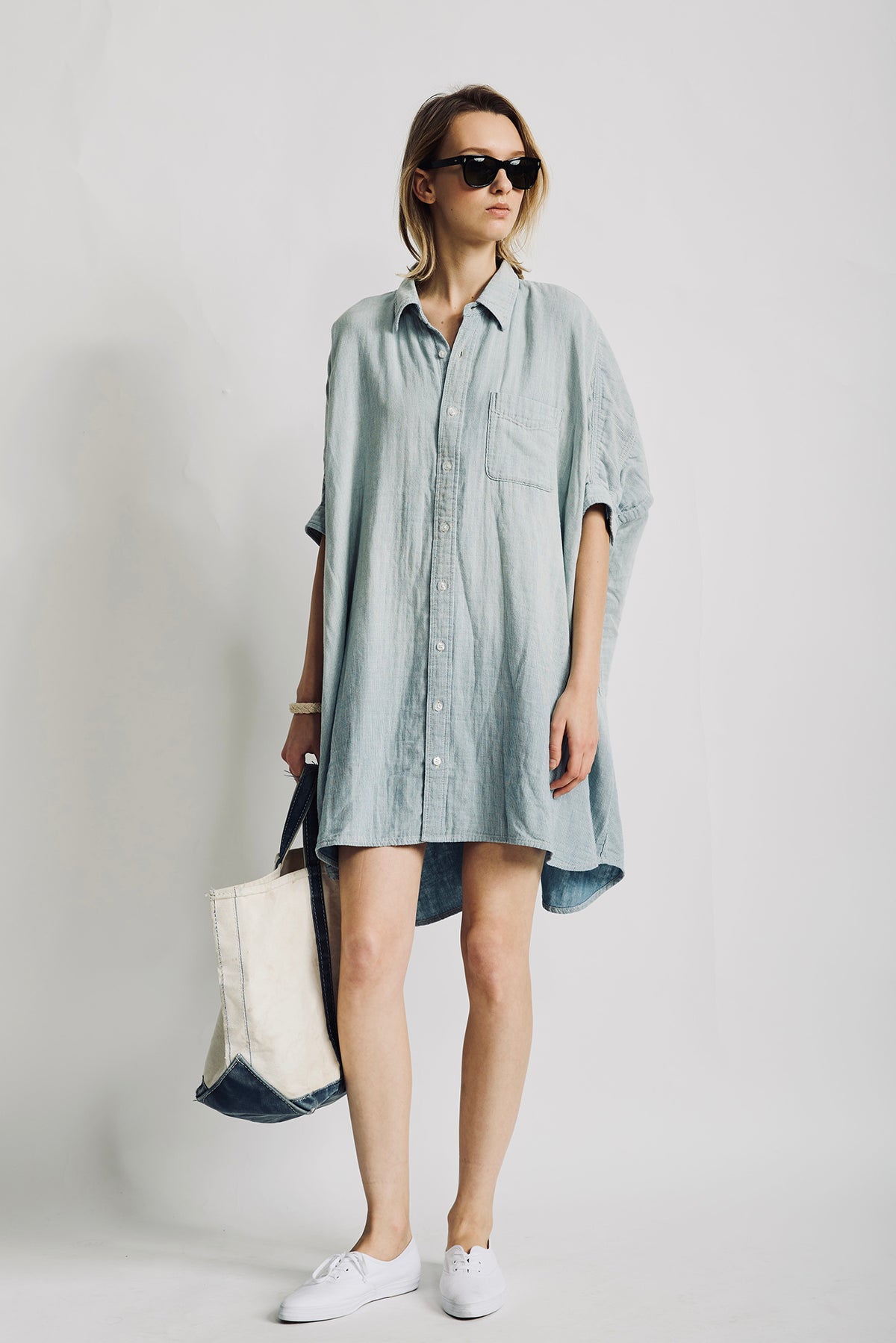 Oversized Cuffed Shirtdress - Double Cloth Indigo Stripe