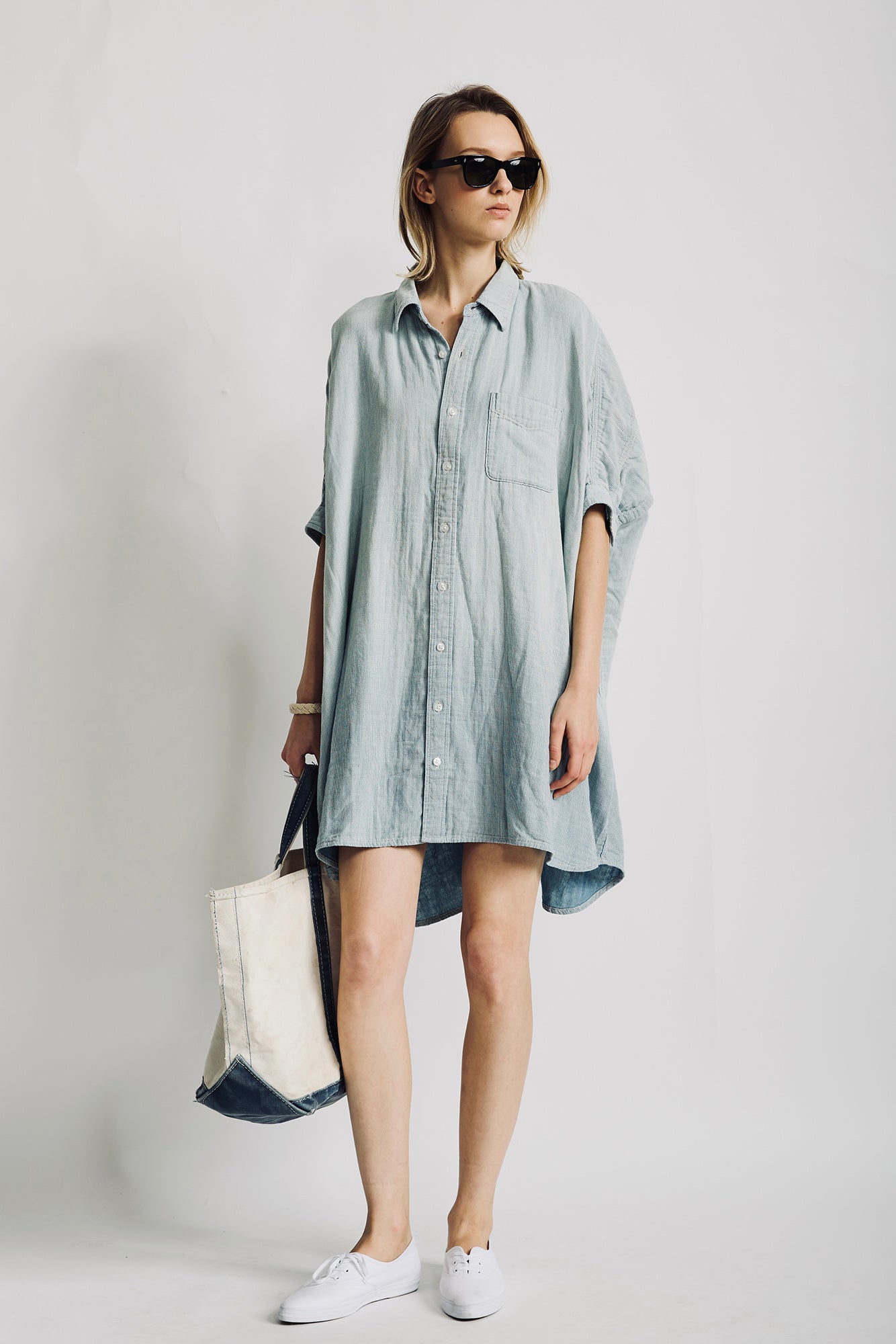 Oversized Cuffed Shirtdress - Double Cloth Indigo Stripe