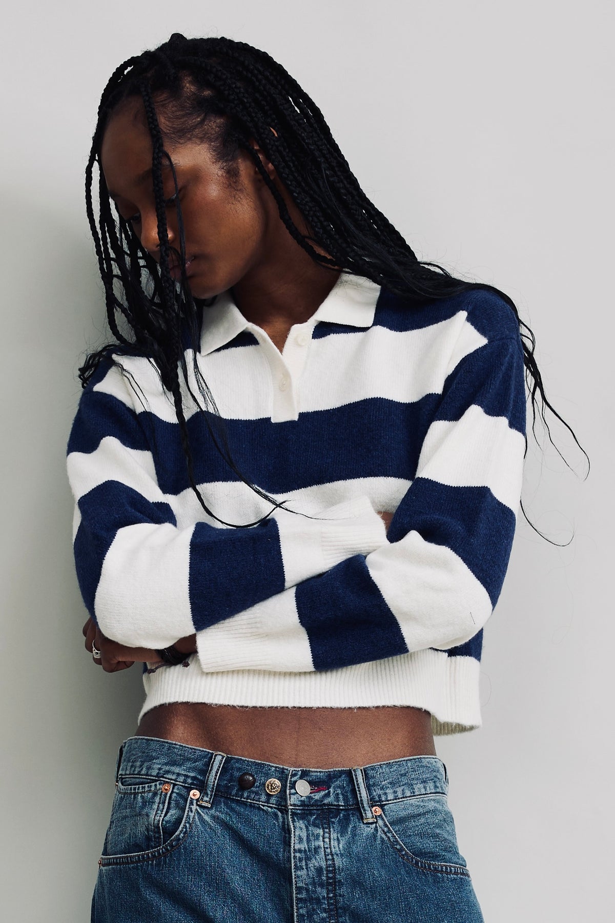 Cropped Rugby Sweater - Royal Blue Ecru Stripe