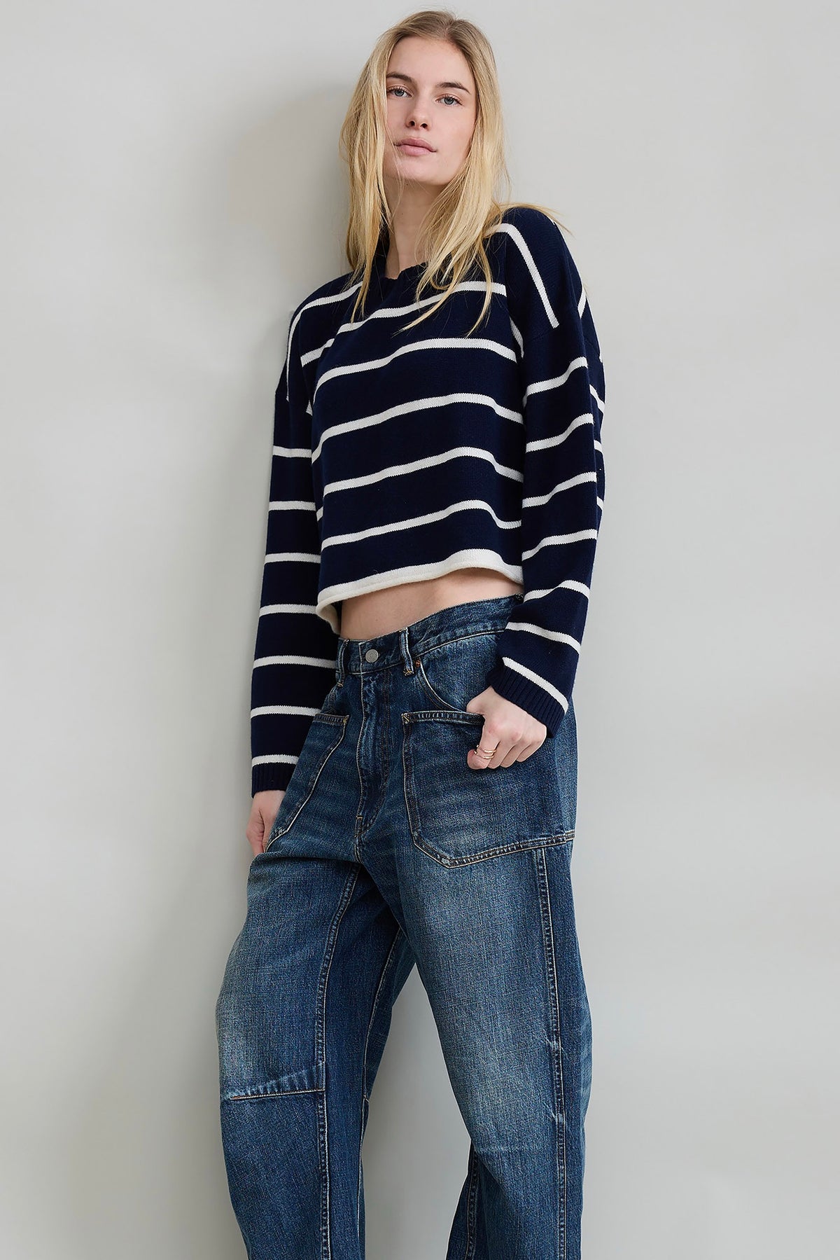 Cropped Stripe Sweater - Navy With White Stripe