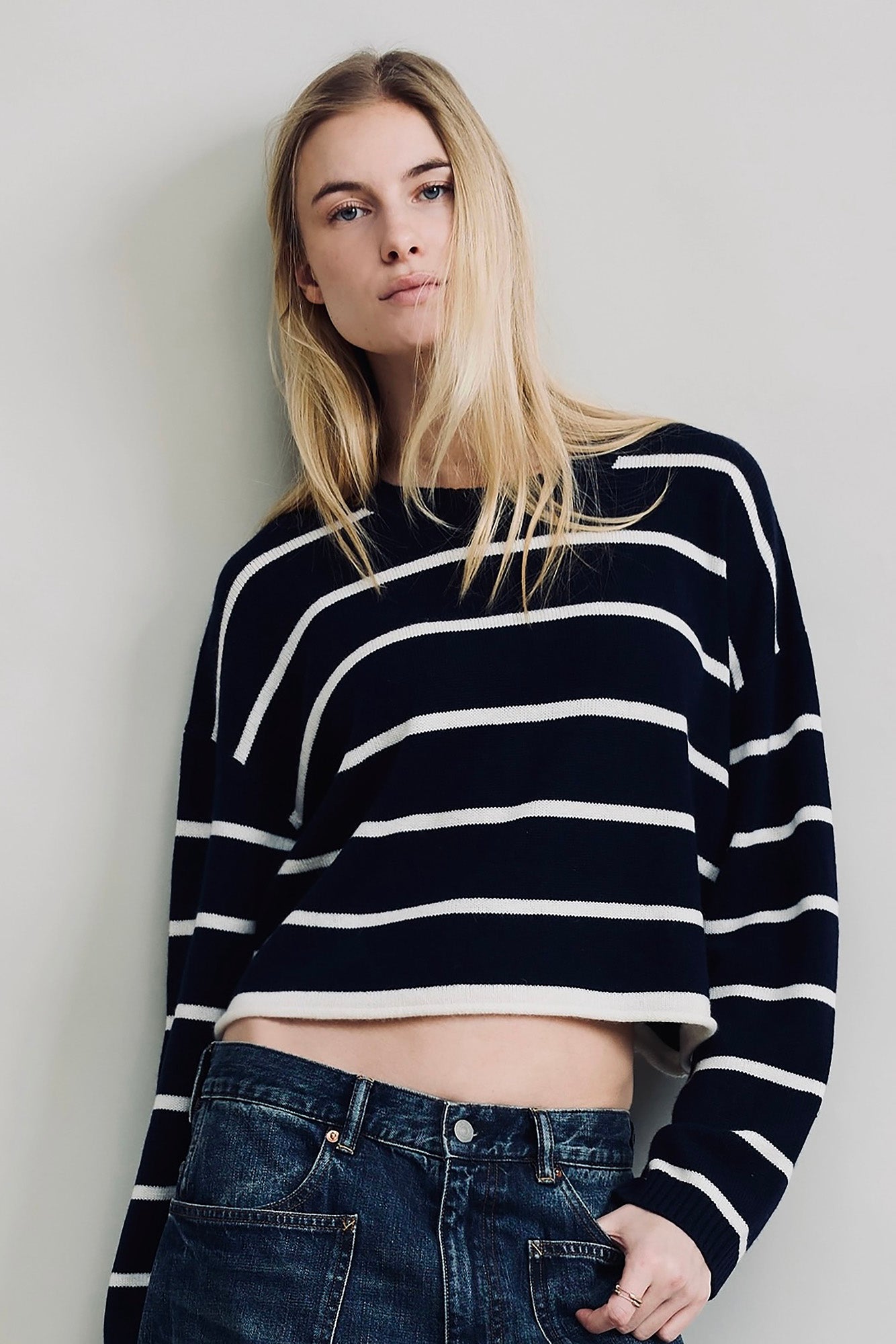 Cropped Stripe Sweater - Navy With White Stripe