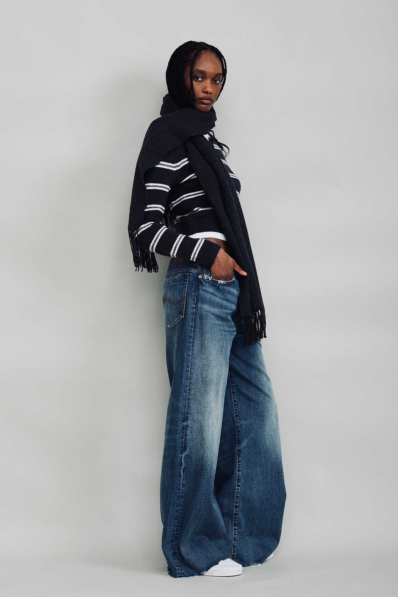 The Riley Cardigan - Charcoal With Ecru Grey Stripe